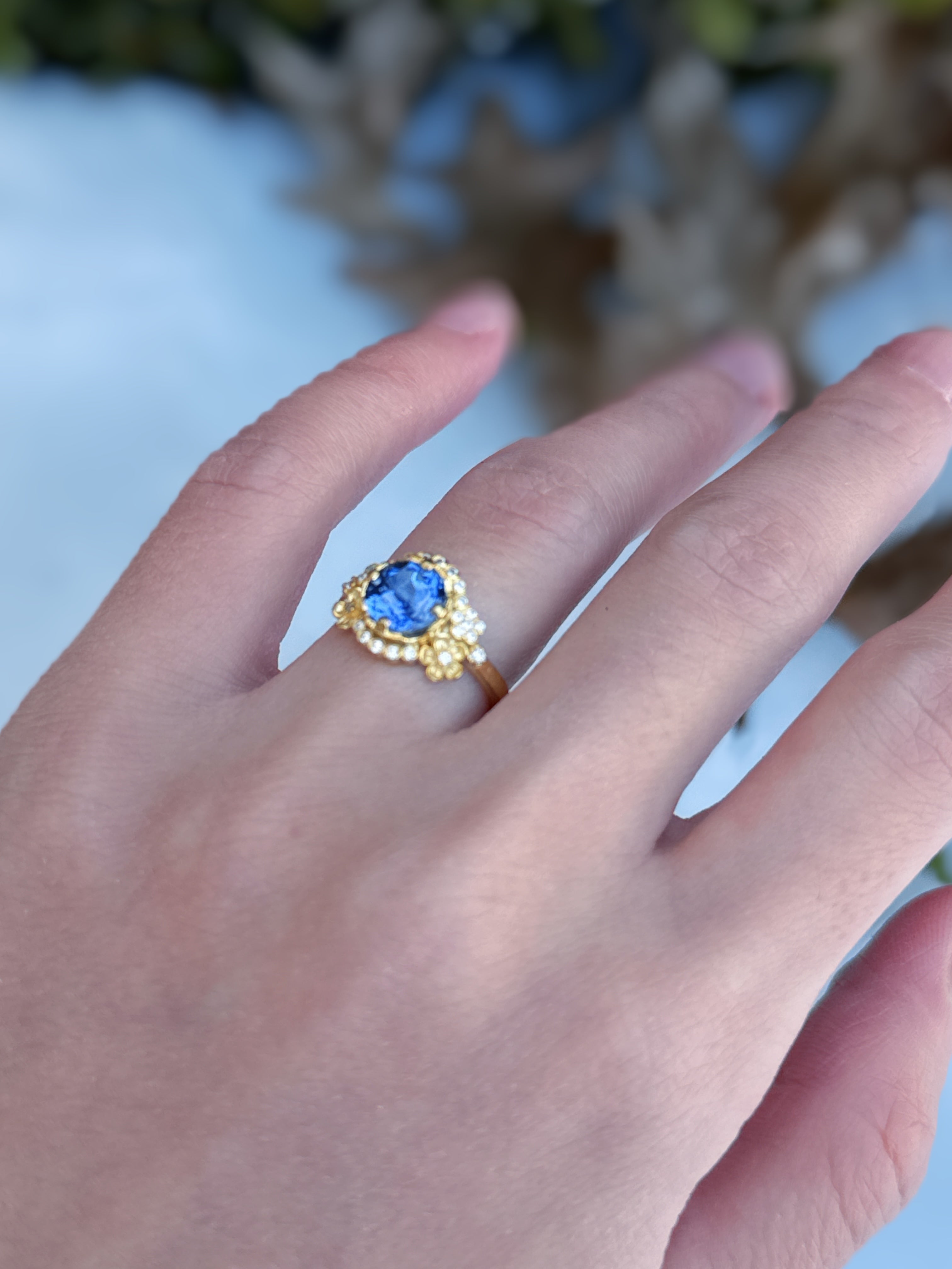 14k Yellow Gold Lab Sapphire Engagement ring, Sapphire Floral Engagement ring