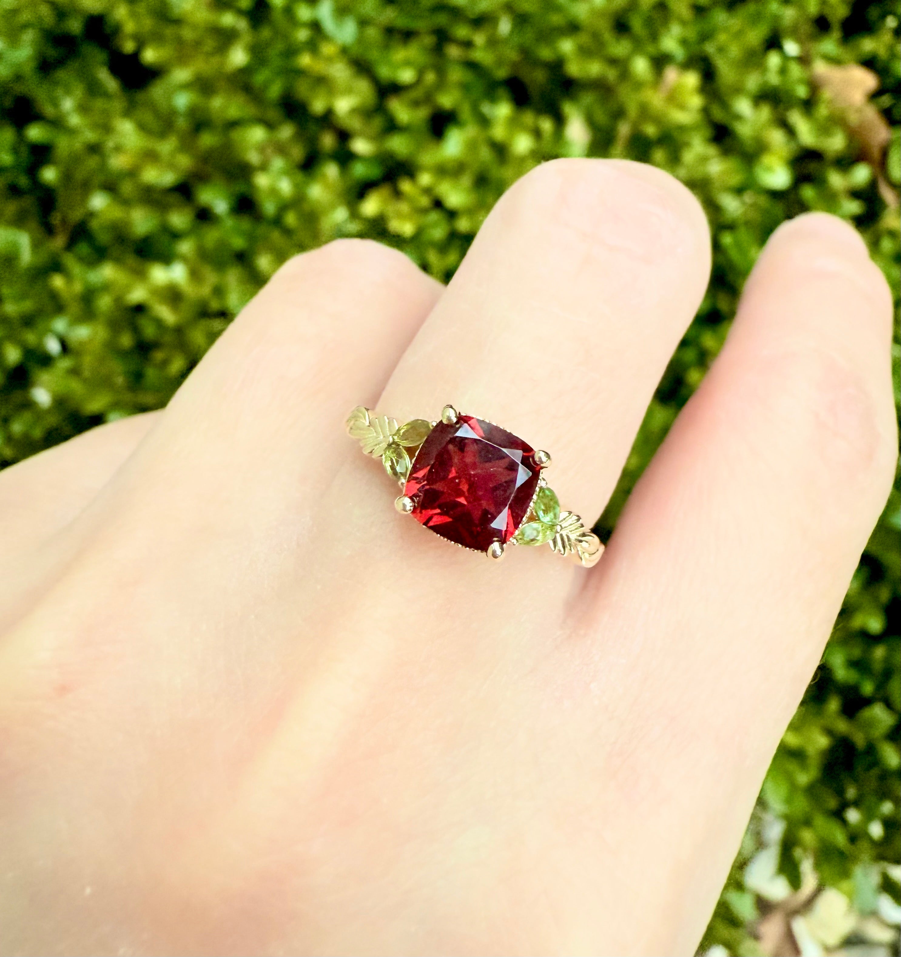 Solid Gold cushion Garnet Ring, Deep red Garnet engagement ring, Red Garnet Ring