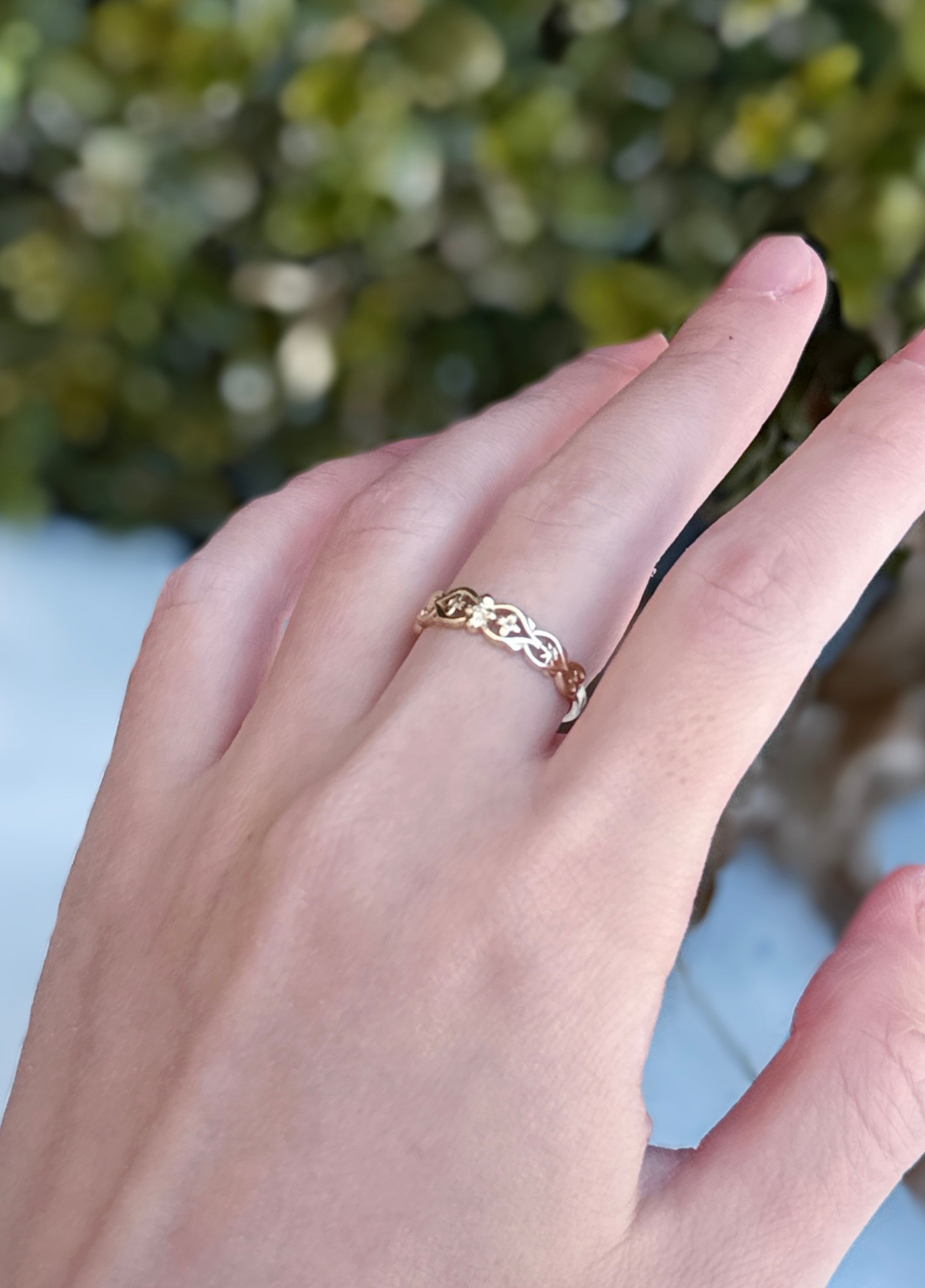 The Primrose Band, Diamond Dainty Gold Wedding Ring, Leafy Wedding band
