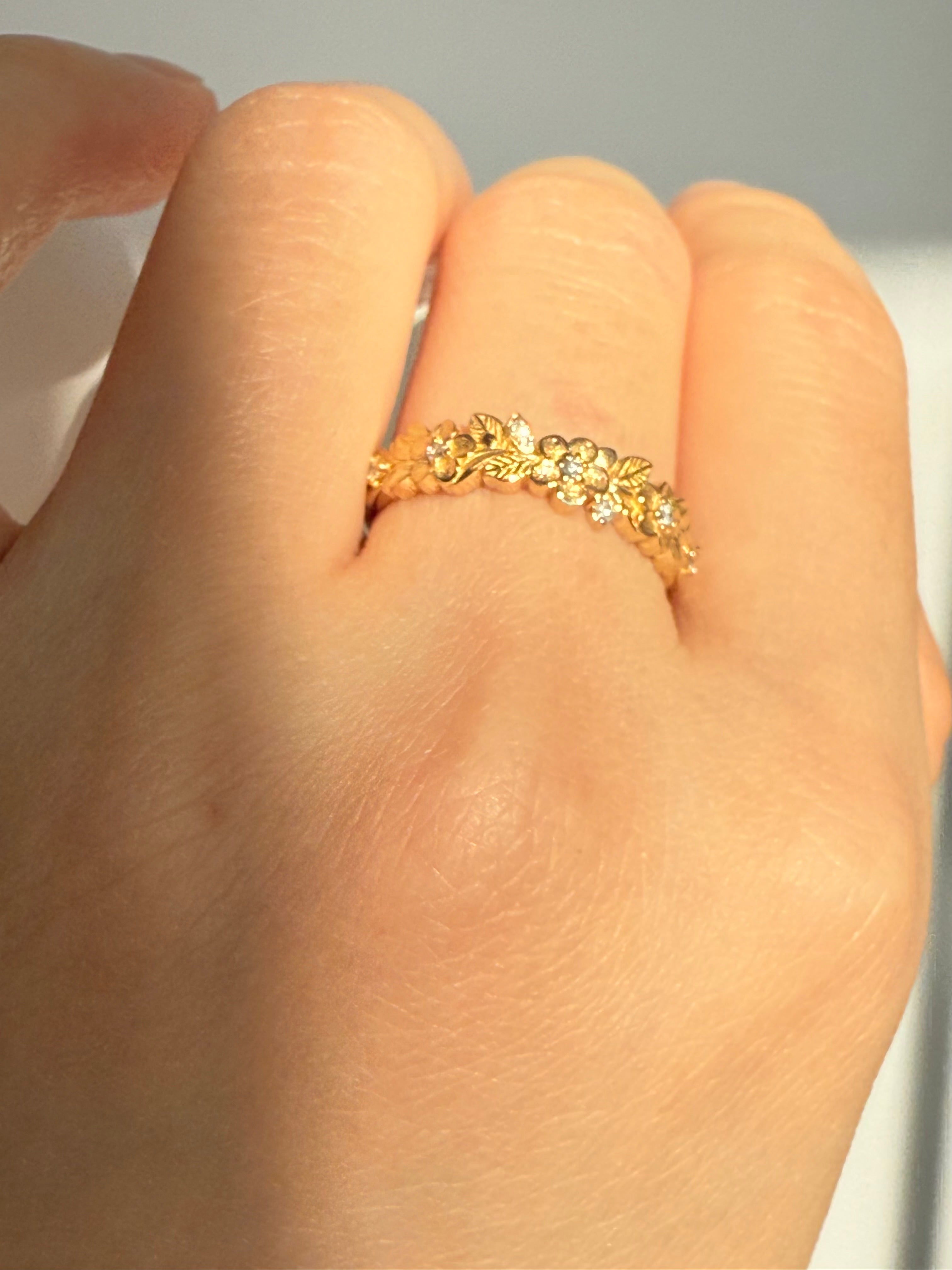 Yellow Gold Diamond Wedding Band, Floral Leafy Diamond Wedding Ring