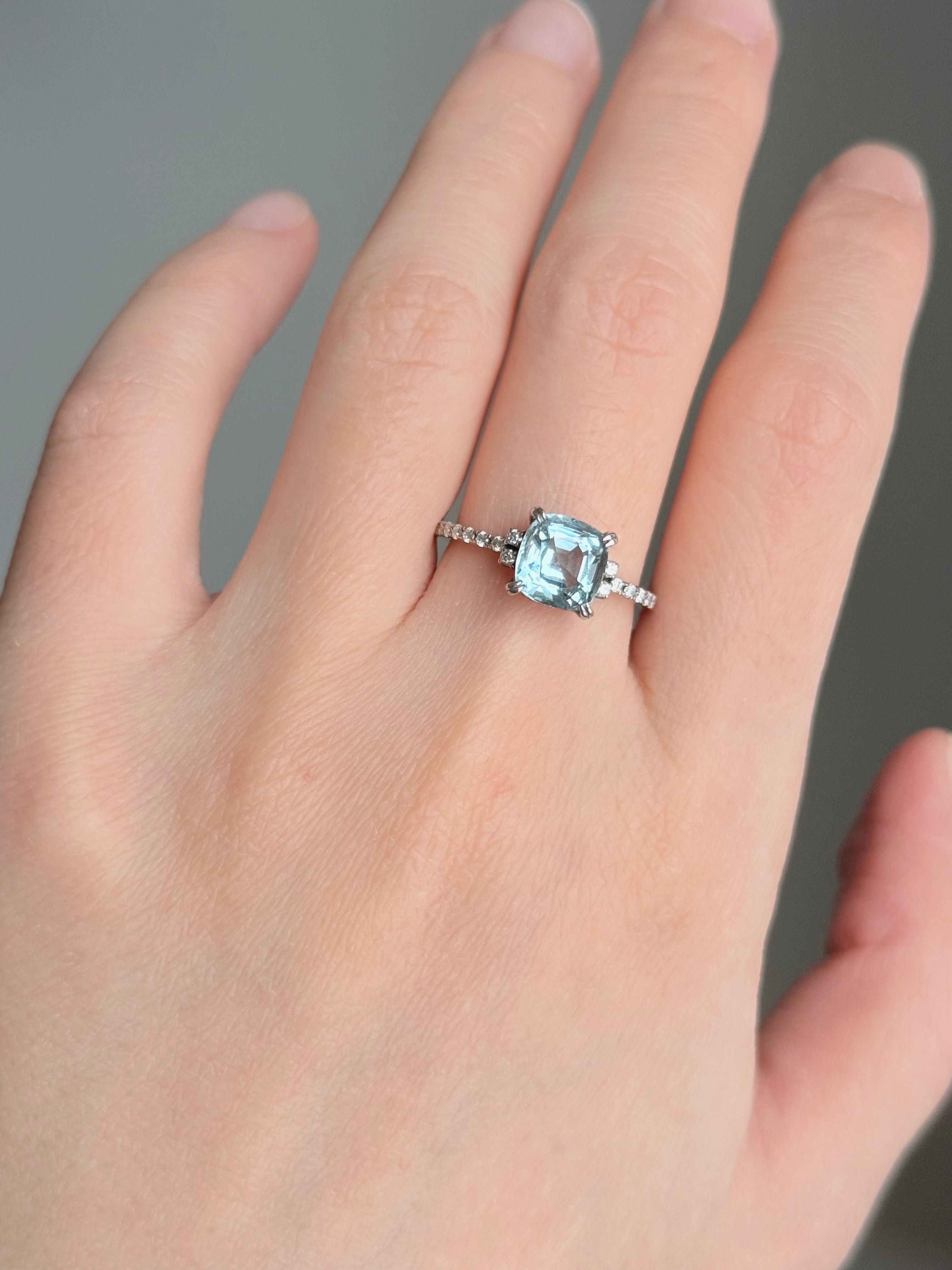 Sky Blue Aquamarine Ring, Cushion Cut Aquamarine Engagement Rings, Engagement ring