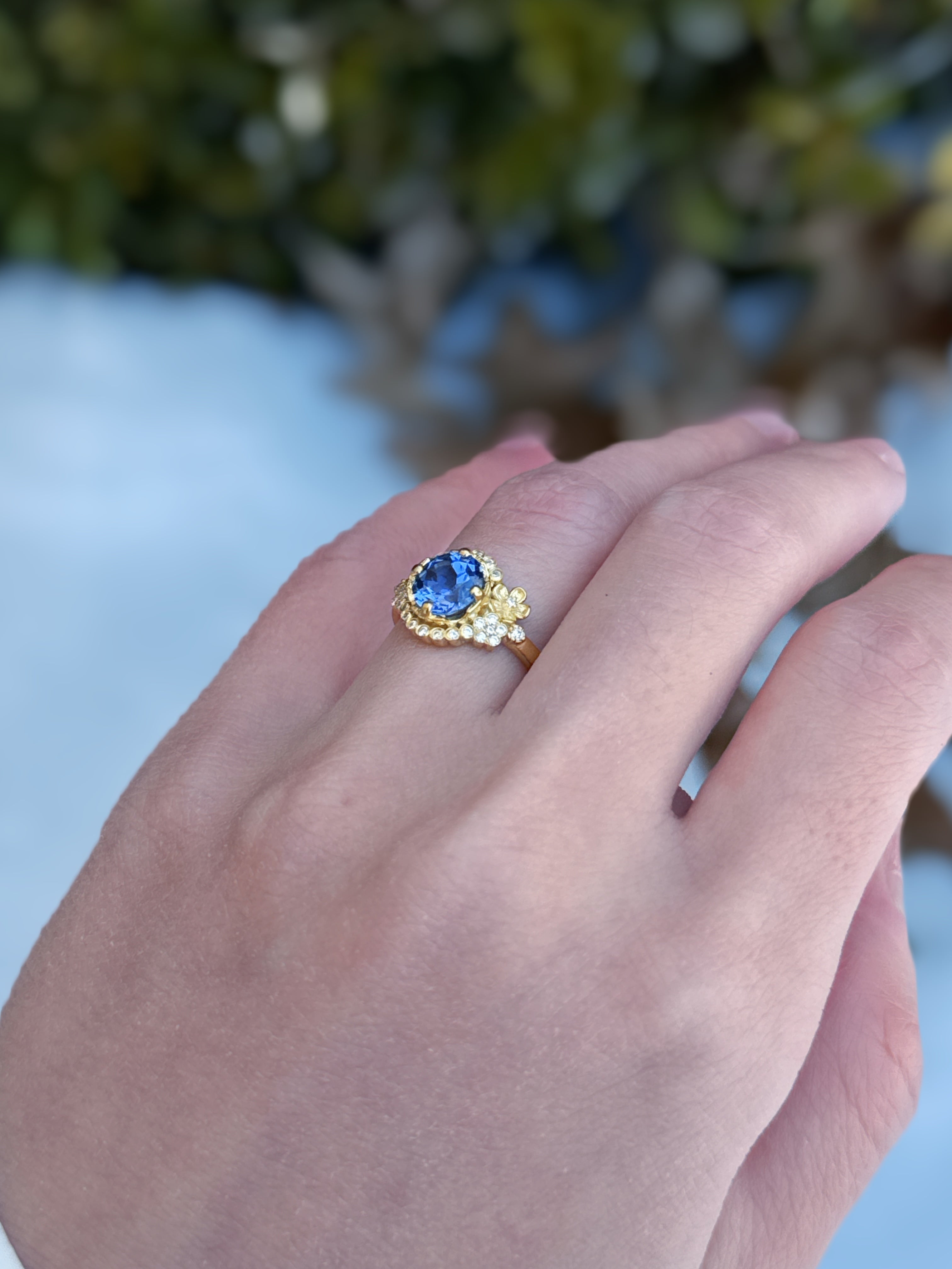 14k Yellow Gold Lab Sapphire Engagement ring, Sapphire Floral Engagement ring