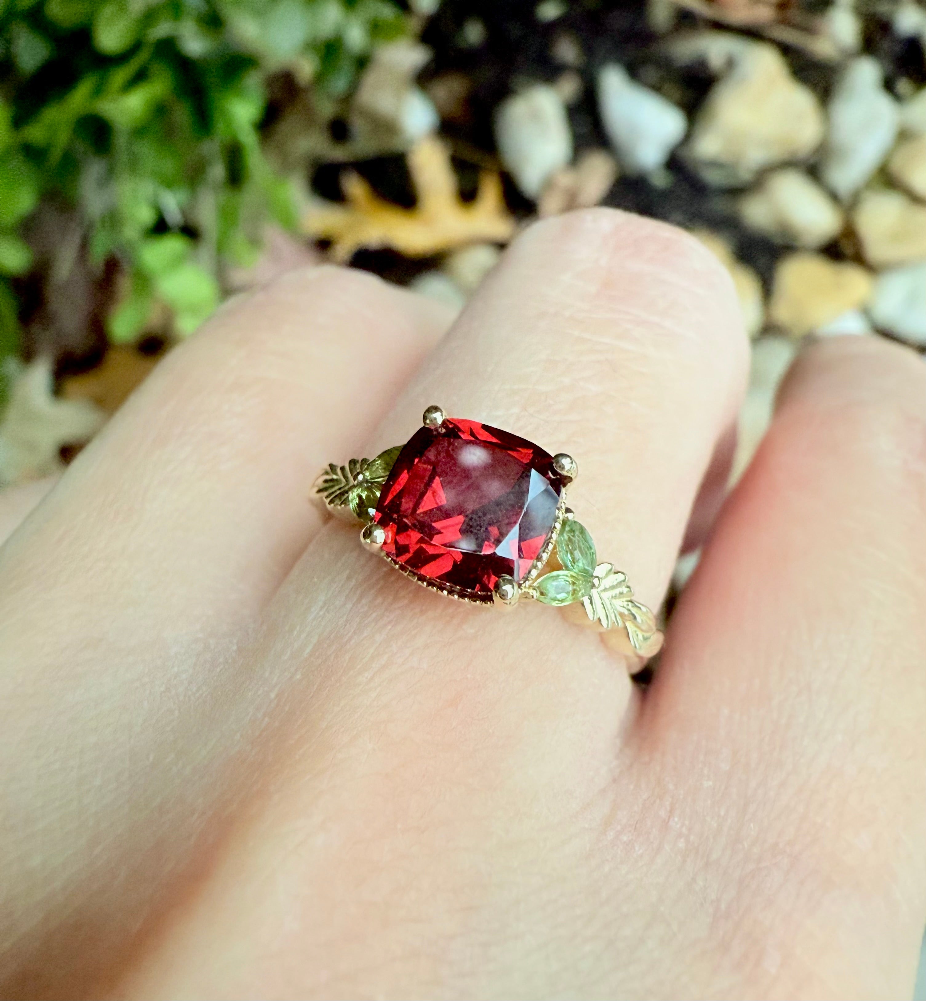 Solid Gold cushion Garnet Ring, Deep red Garnet engagement ring, Red Garnet Ring