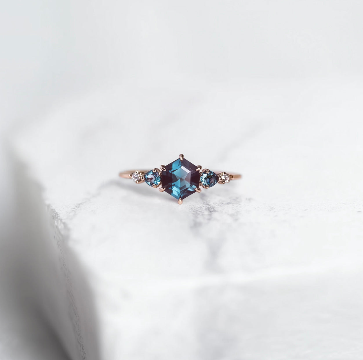 Gold Hexagon Alexandrite Engagement ring, Dainty Alexandrite Ring