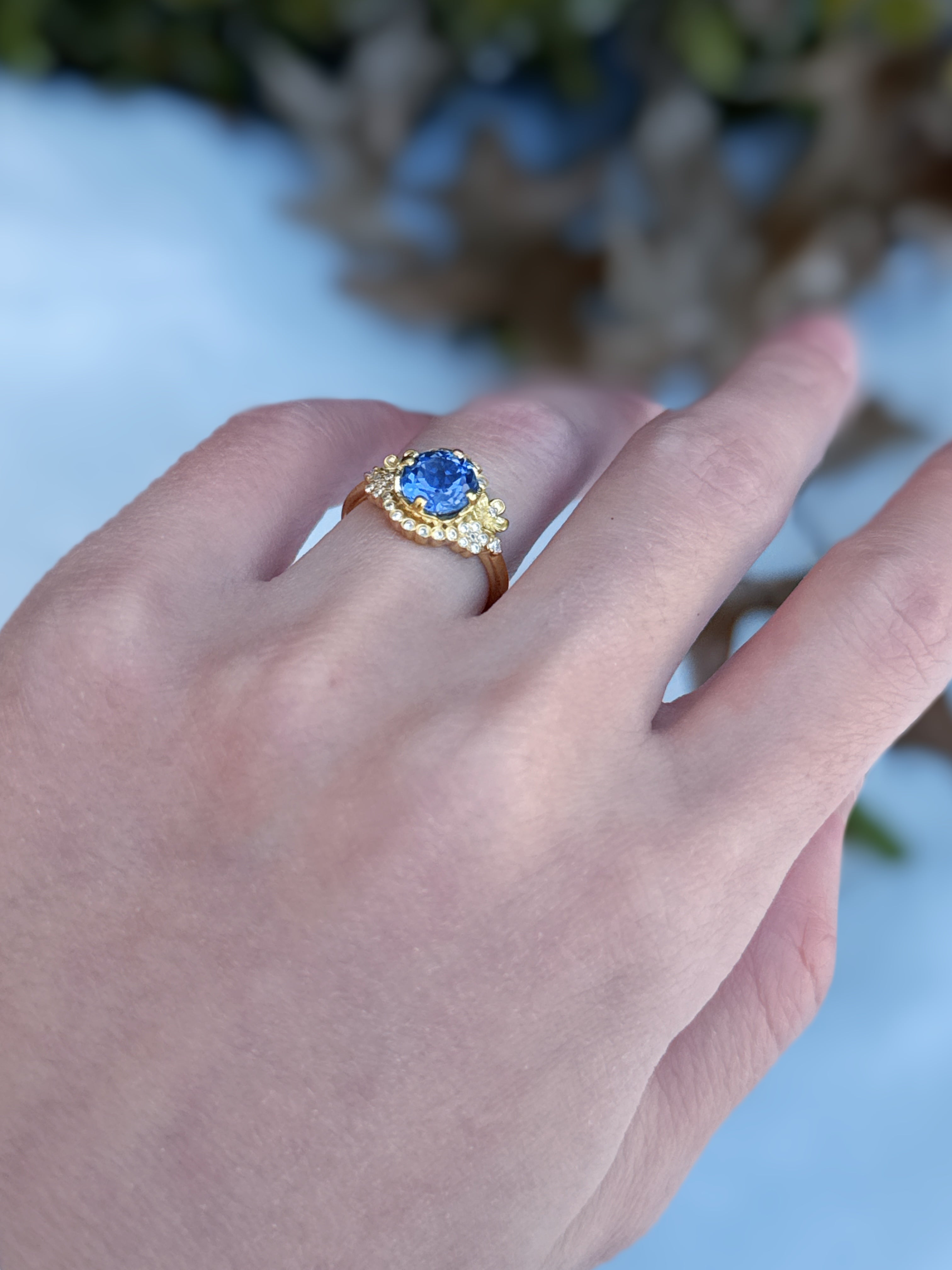 14k Yellow Gold Lab Sapphire Engagement ring, Sapphire Floral Engagement ring