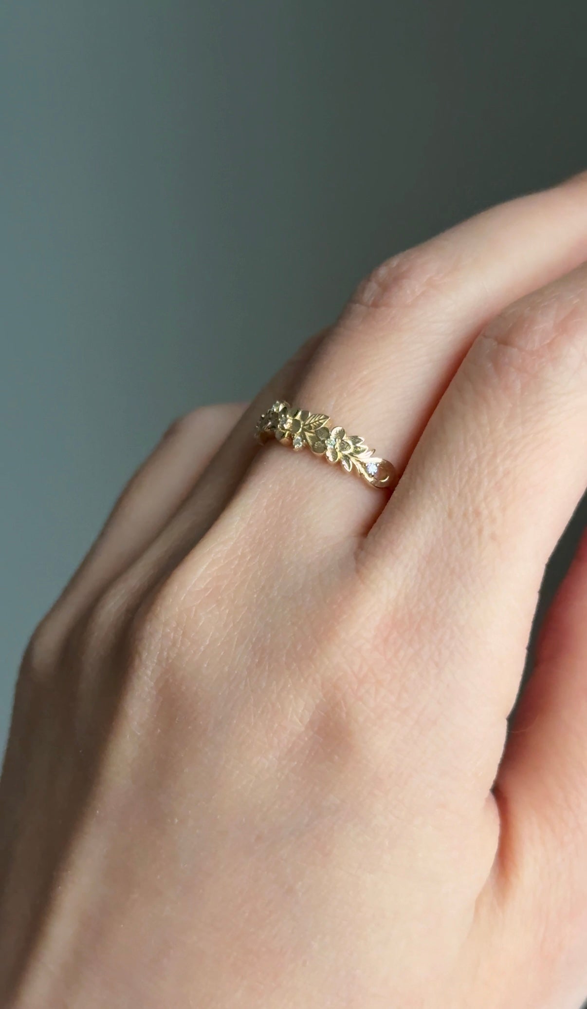 Yellow Gold Diamond Wedding Band, Floral Leafy Diamond Wedding Ring