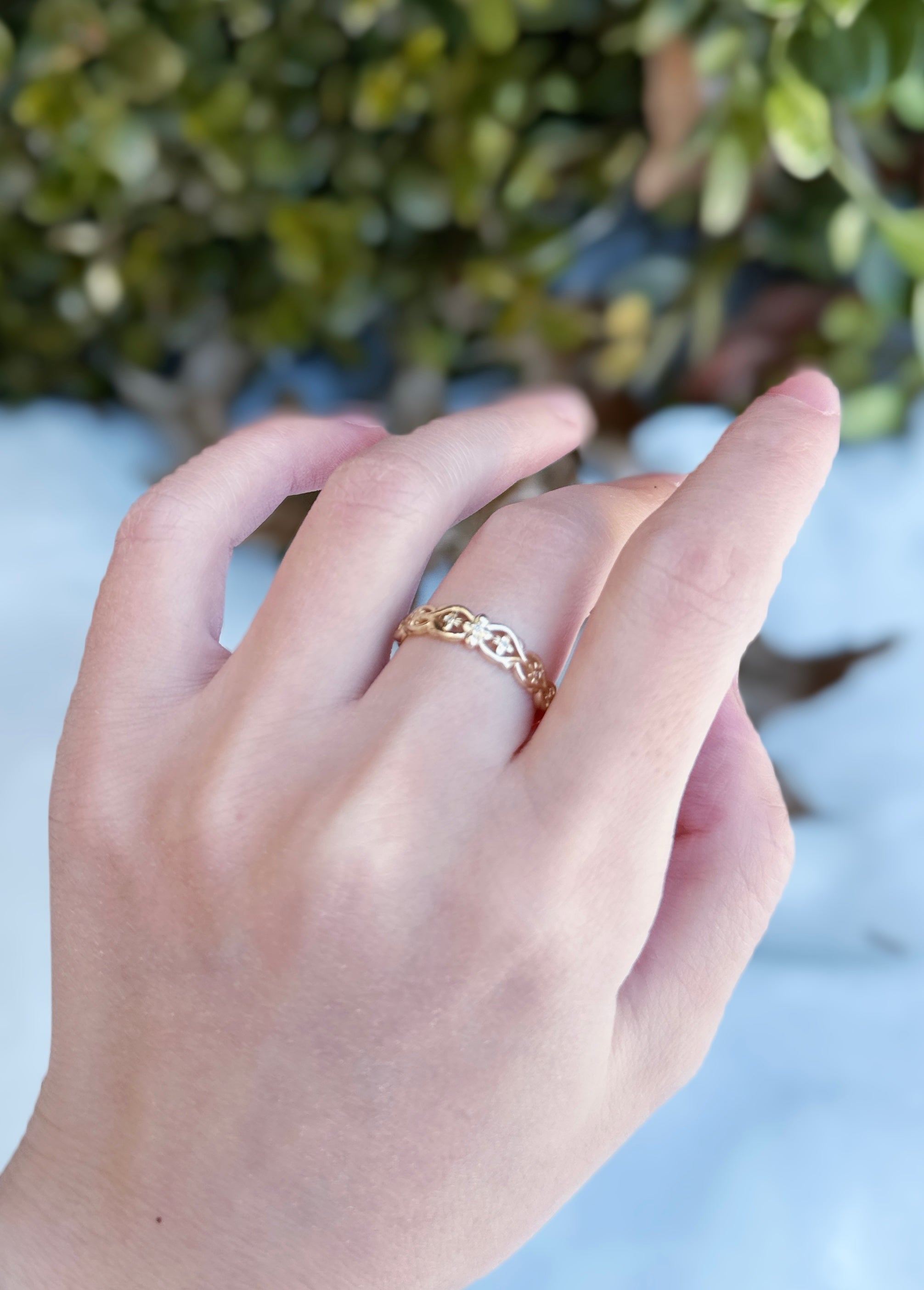 The Primrose Band, Diamond Dainty Gold Wedding Ring, Leafy Wedding band