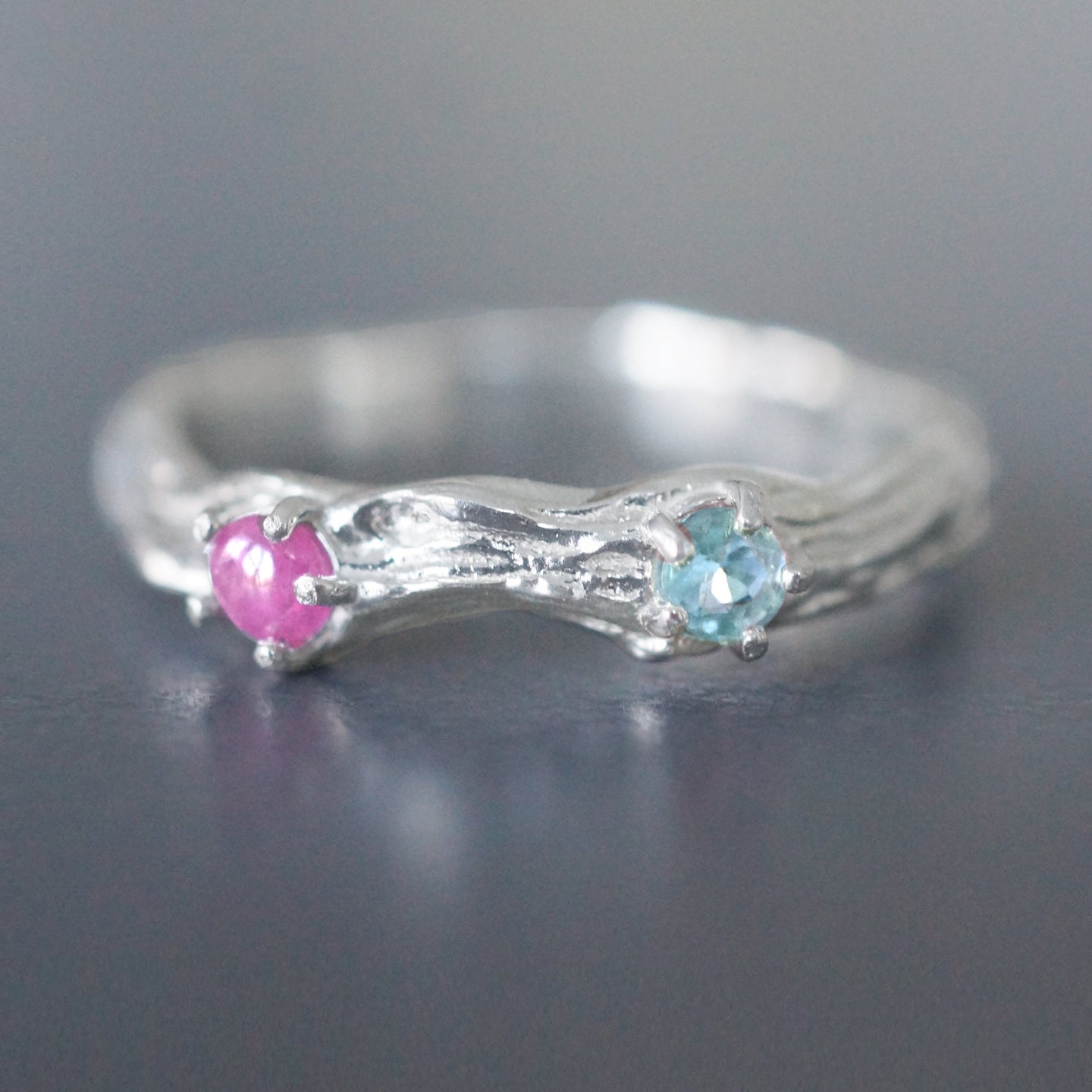 Waterland Dream Twin Birthstone Ring, Pink Tourmaline and Blue Aquamarine ring