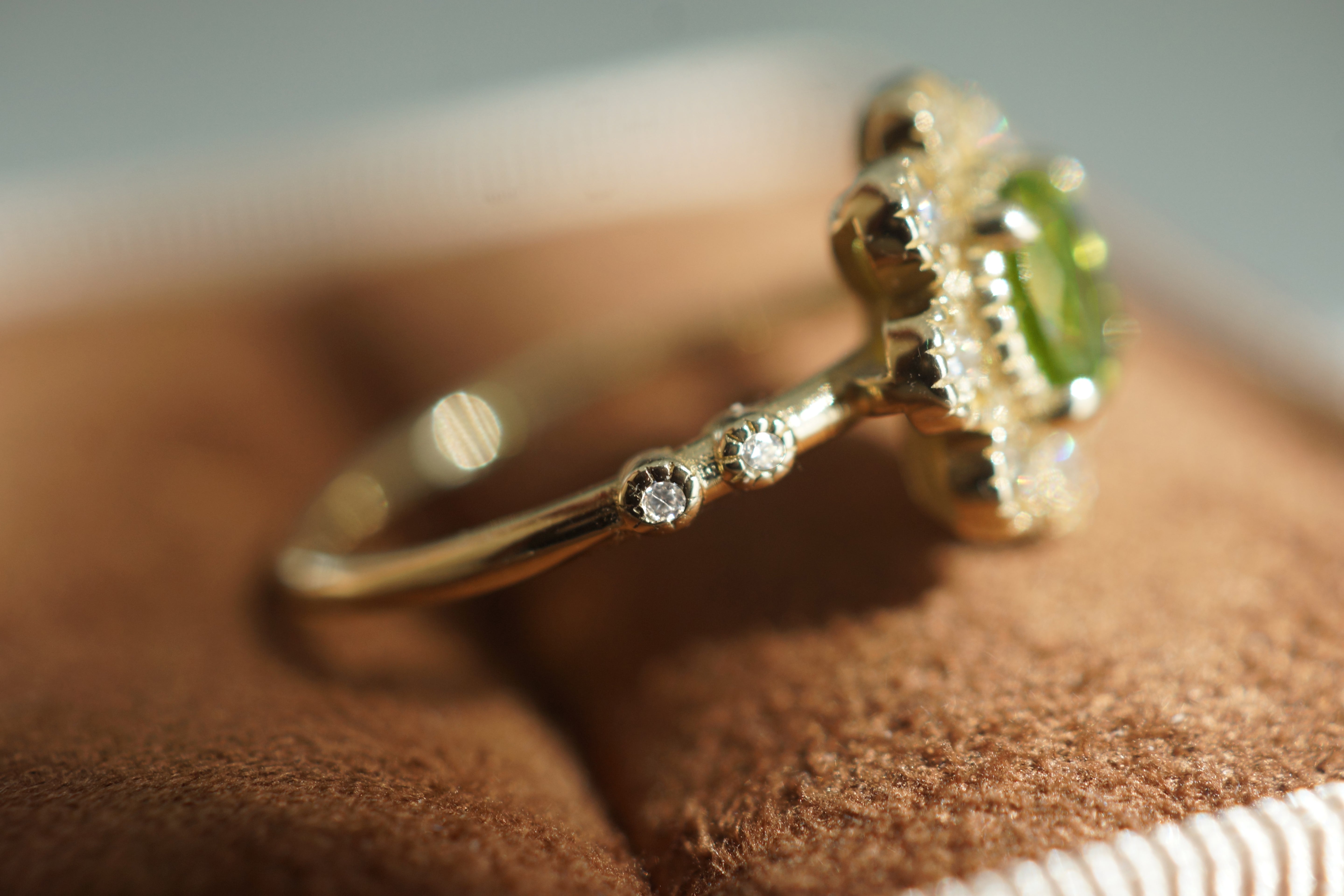 Evergreen Spark Green Peridot ring, Peridot Engagement ring