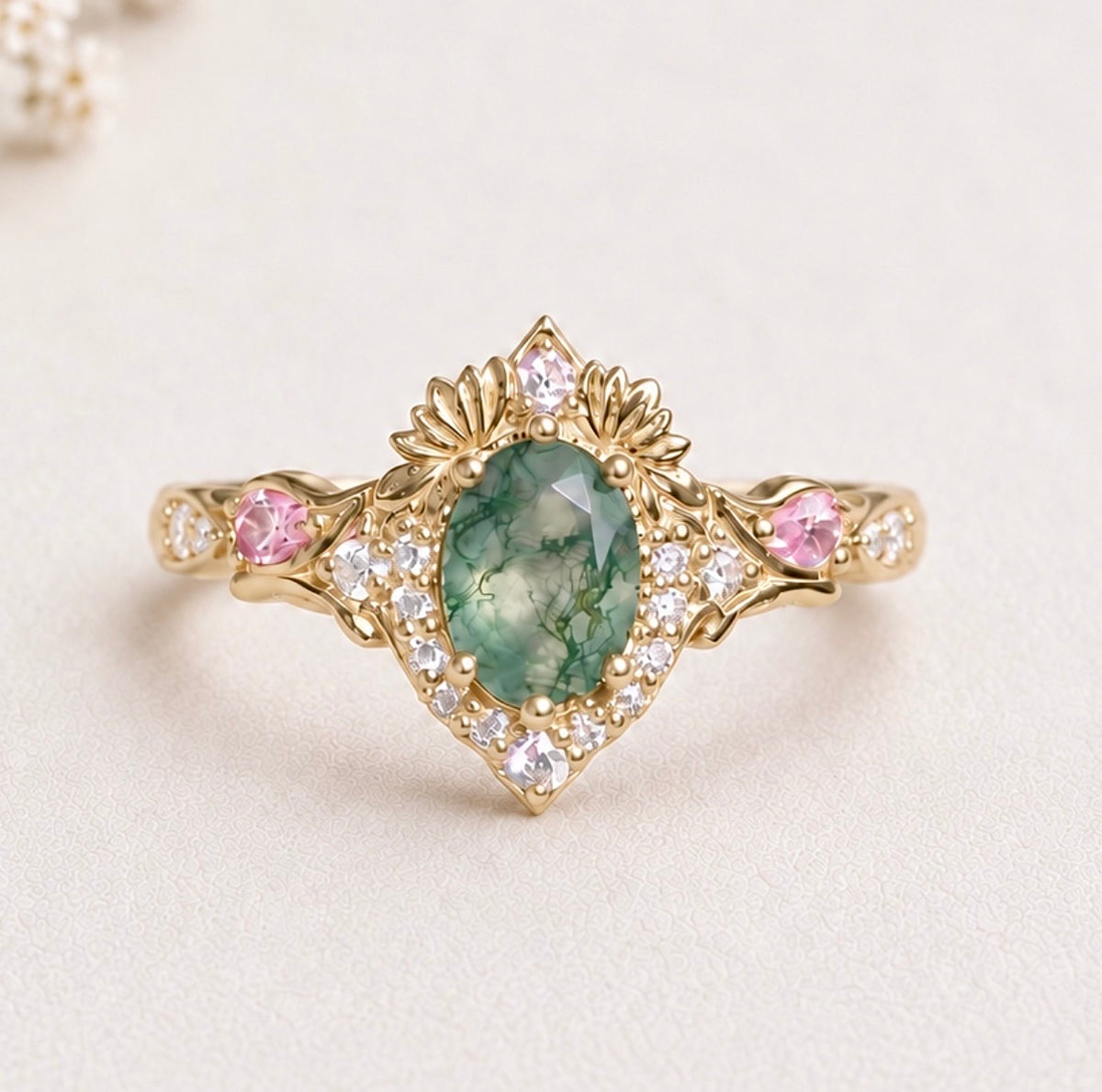 Garden Moss agate ring with Pink sapphire, Oval moss agate Engagement ring