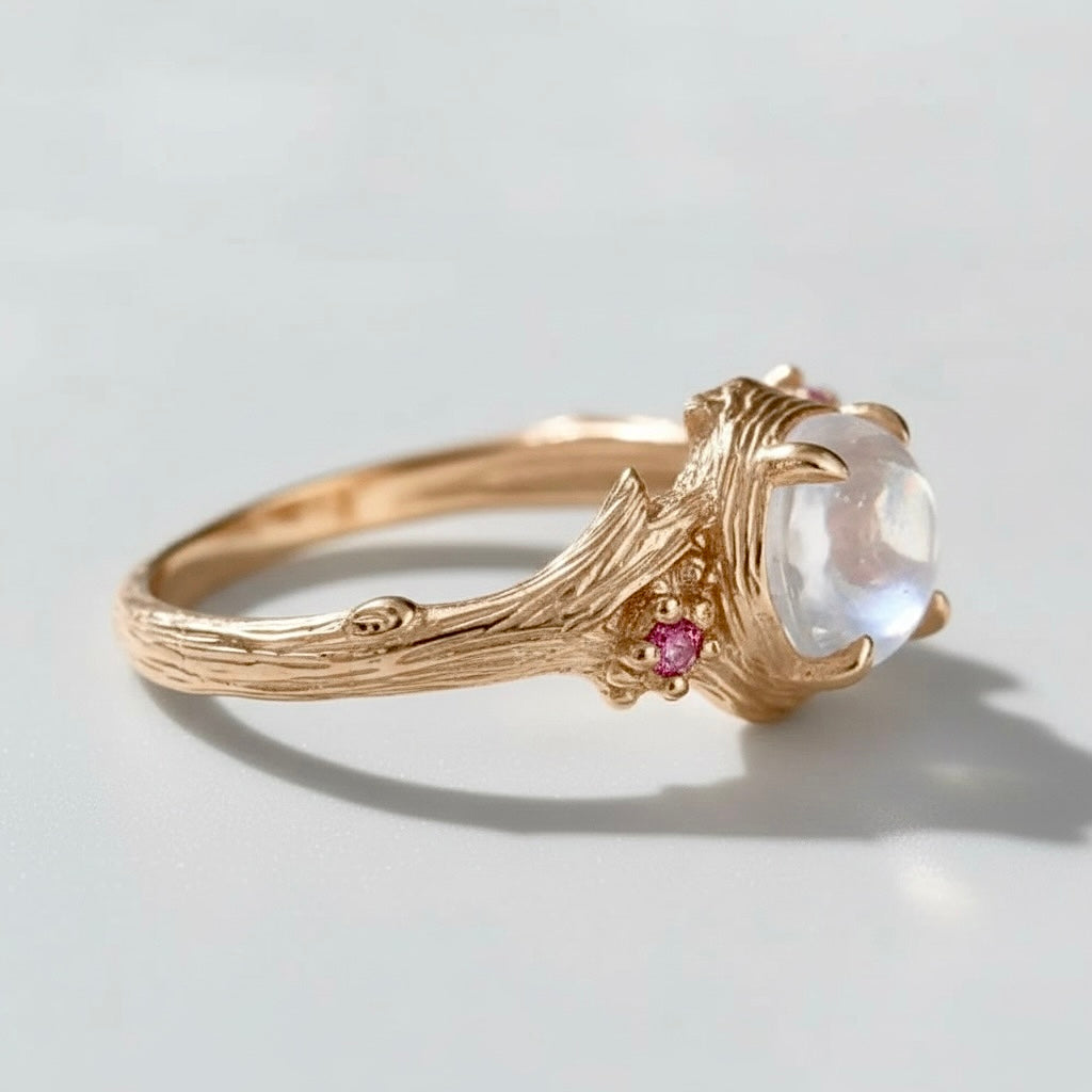 Round Moonstone Engagement Ring Gold, Leafy Moonstone Ring
