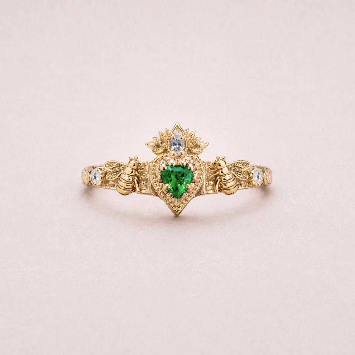 Yellow Gold Heart Tsavorite Ring, Green Tsavorite engagement ring