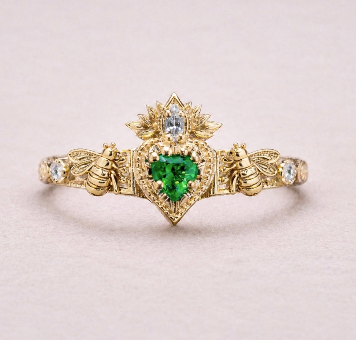 Yellow Gold Heart Tsavorite Ring, Green Tsavorite engagement ring