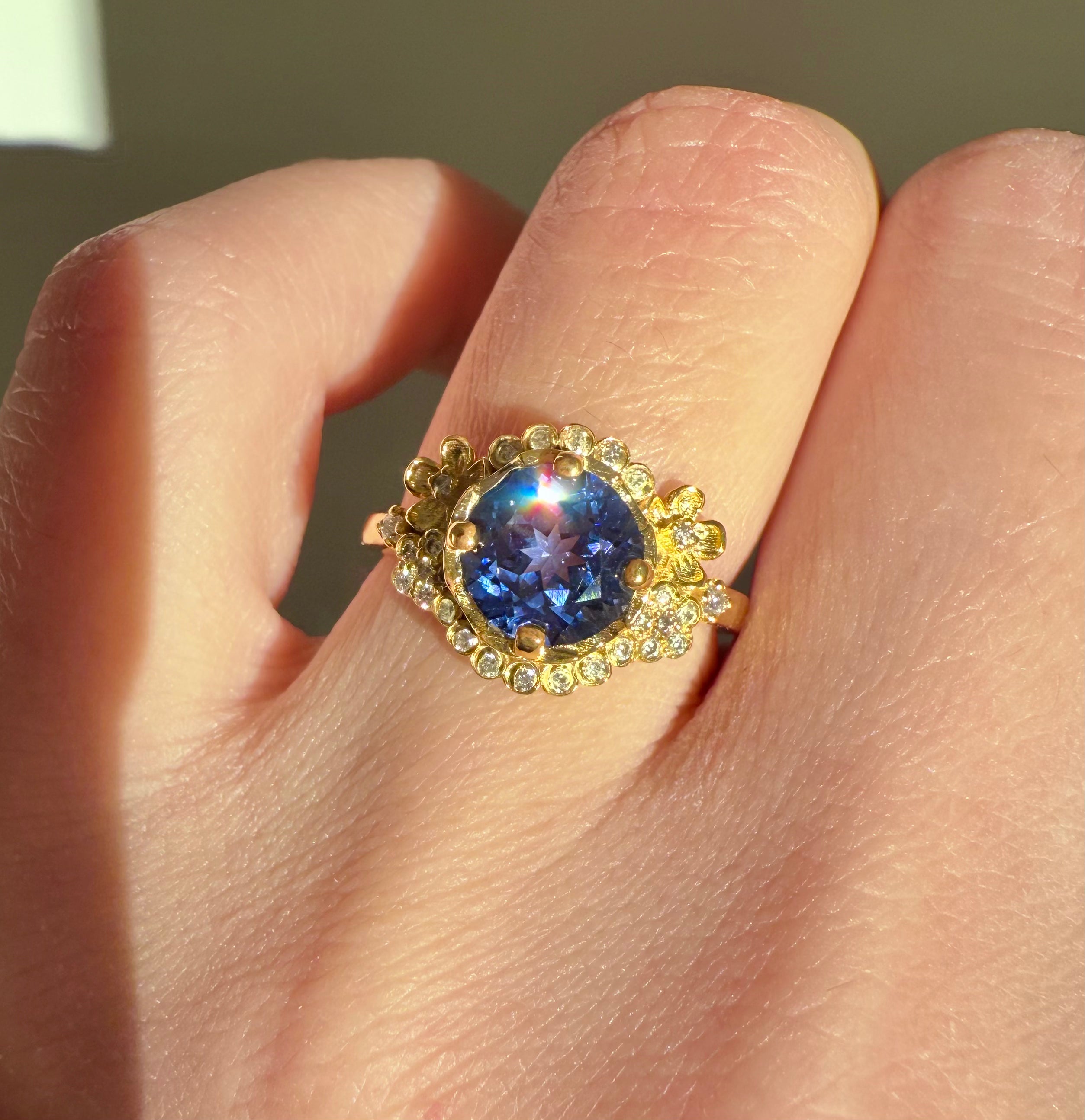 14k Yellow Gold Lab Sapphire Engagement ring, Sapphire Floral Engagement ring