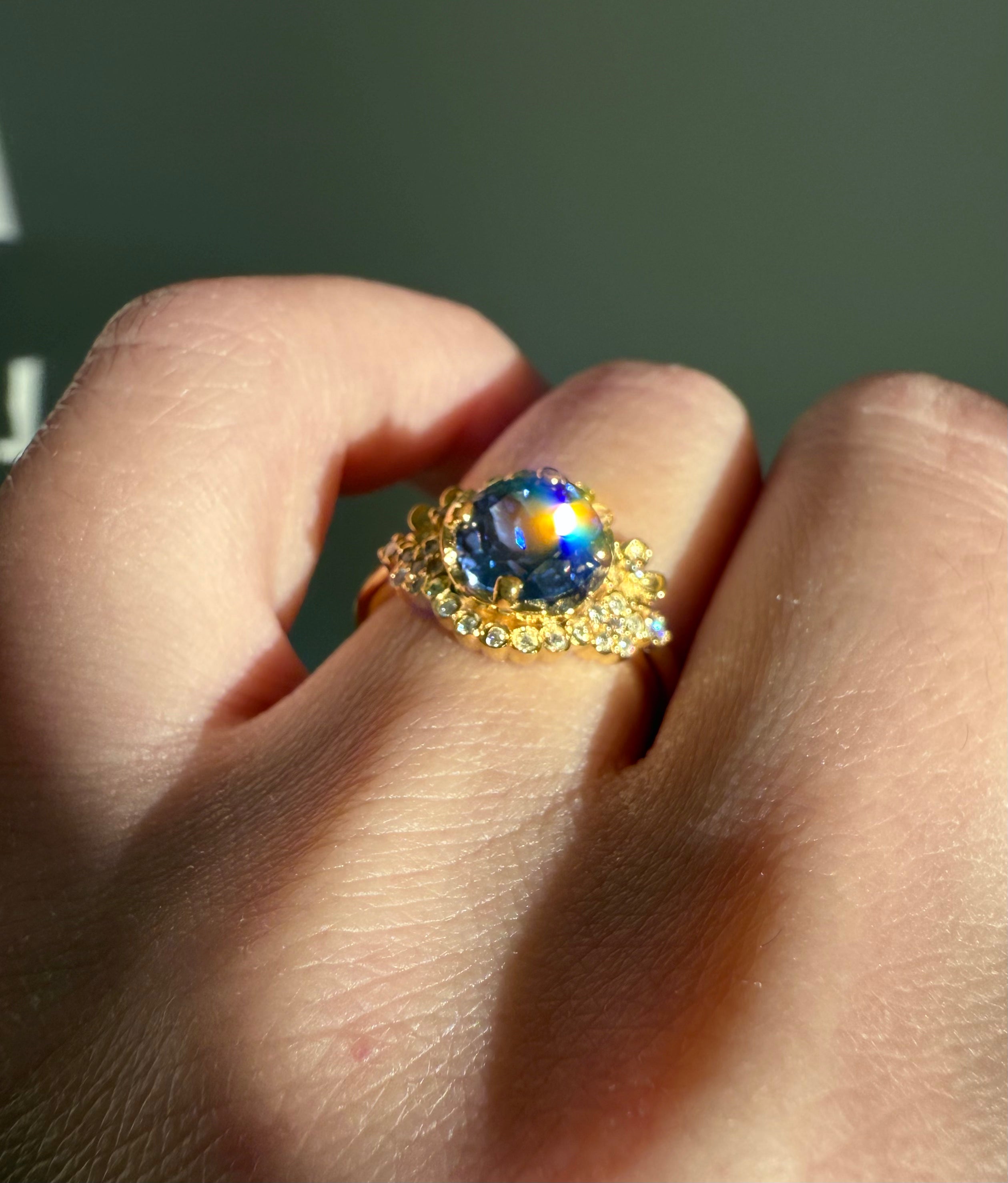 14k Yellow Gold Lab Sapphire Engagement ring, Sapphire Floral Engagement ring