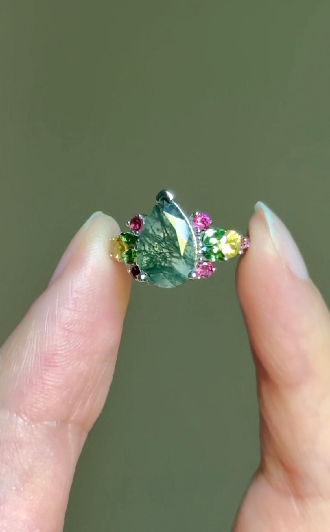 Moss Agate Ring, Pear cut Moss agate Engagement ring, Moss agate Garden Ring