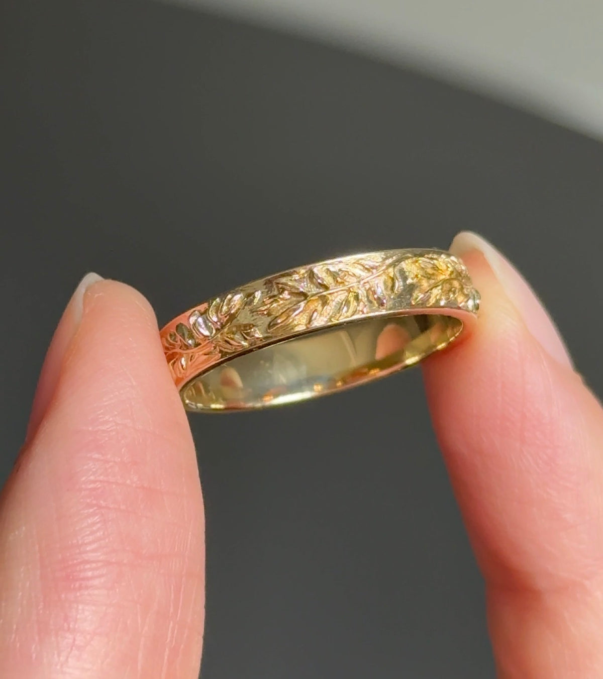 Men's Wide Engraved Wedding Band, Engraved Leaf Ring for Men and Women