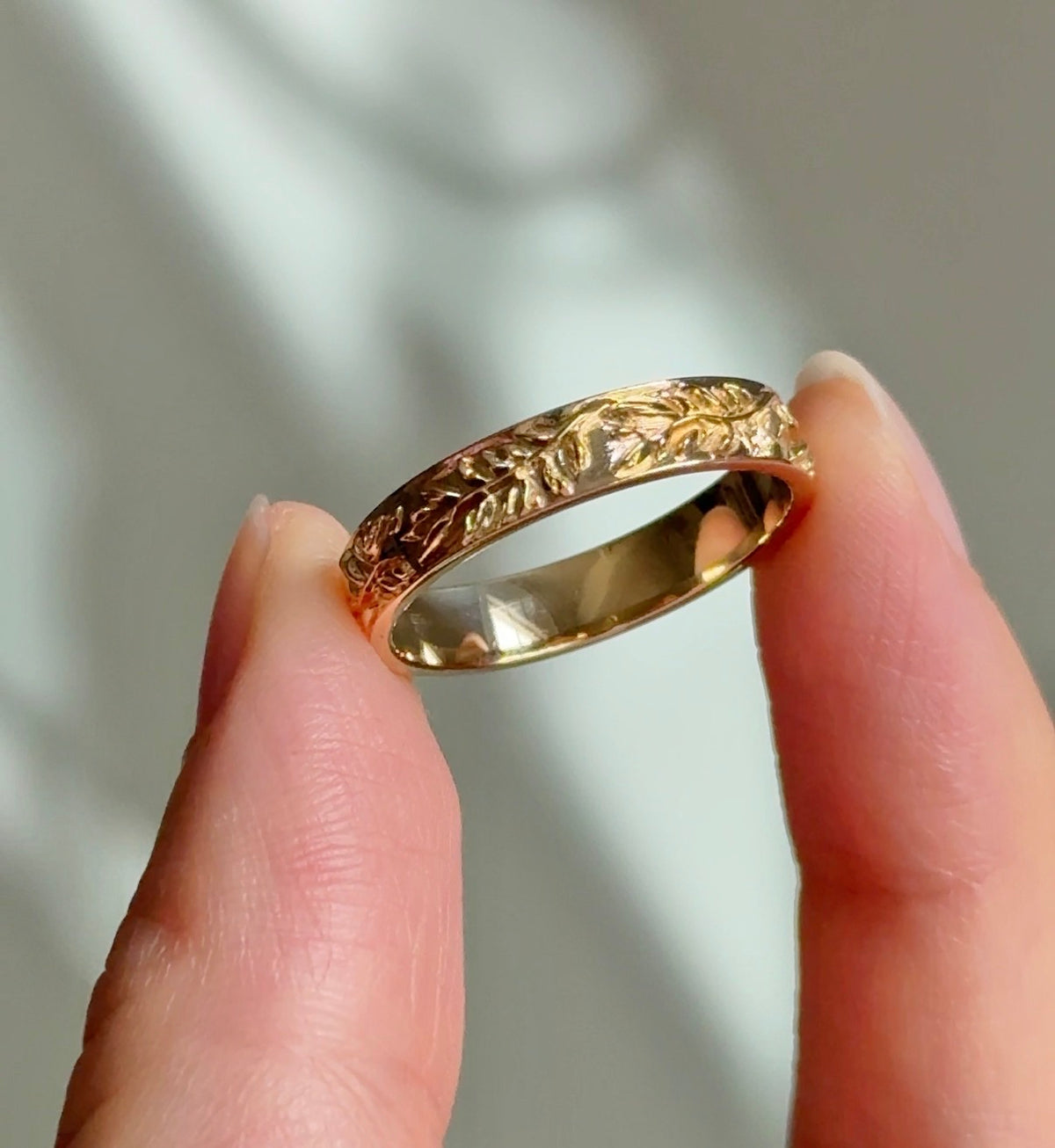 Men's Wide Engraved Wedding Band, Engraved Leaf Ring for Men and Women