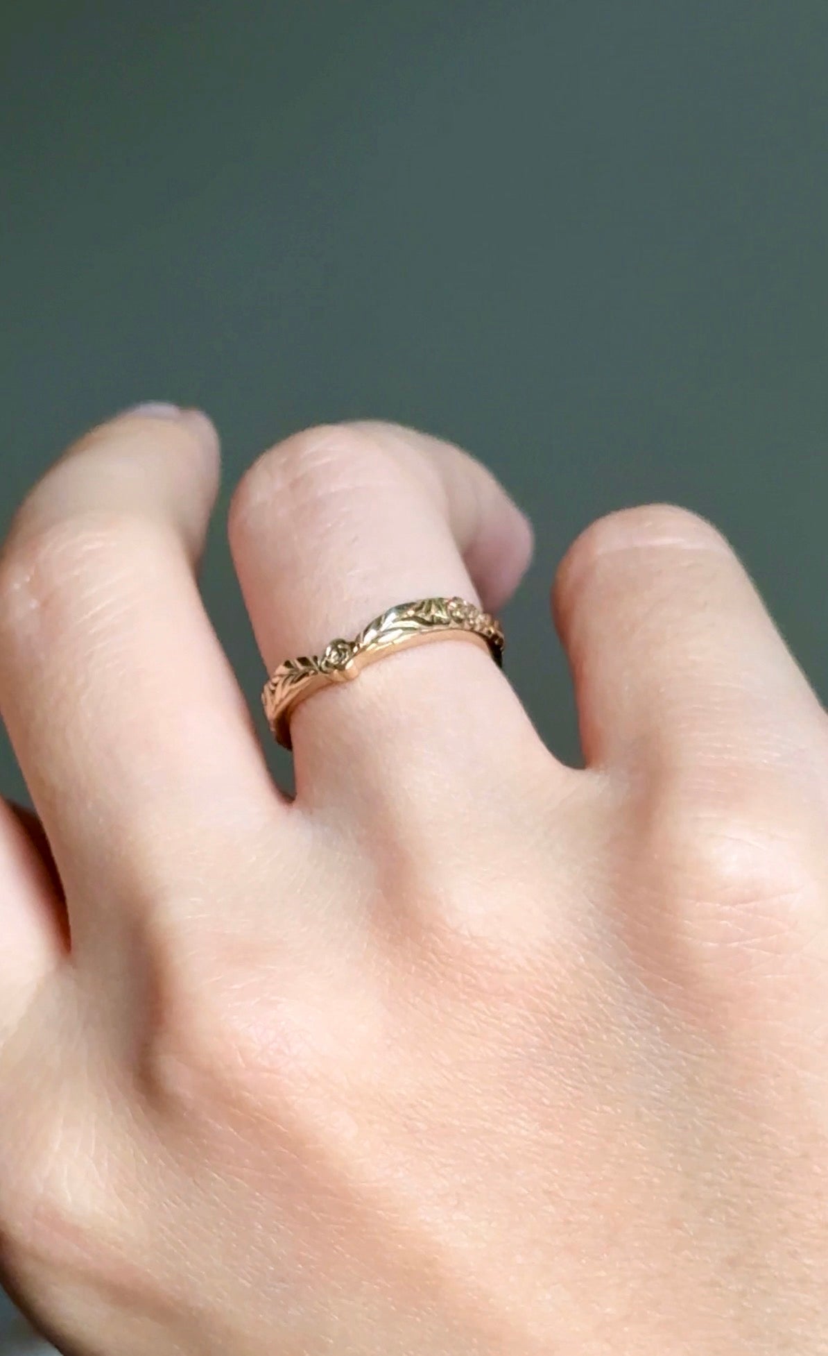 Whispering Glade 14k Gold Engraved Wedding Band For Women, Floral Leaf Matching Wedding Ring