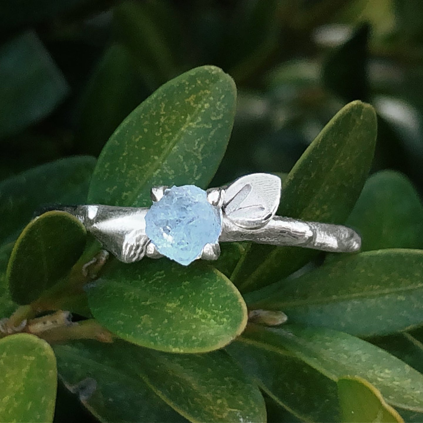 Raw Aquamarine Engagement ring, Leafy ring