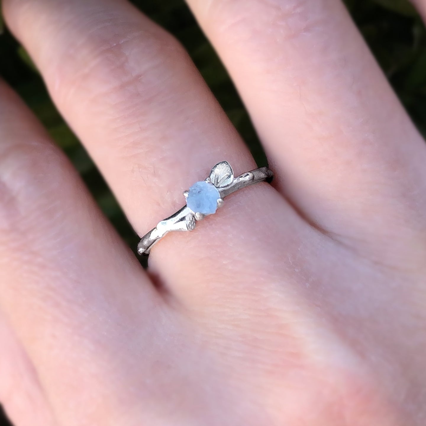 Raw Aquamarine Engagement ring, Leafy ring