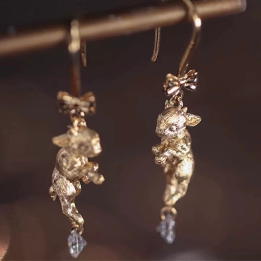 Late for Tea 18k Gold White Rabbit earrings, Alice in Wonderland earrings