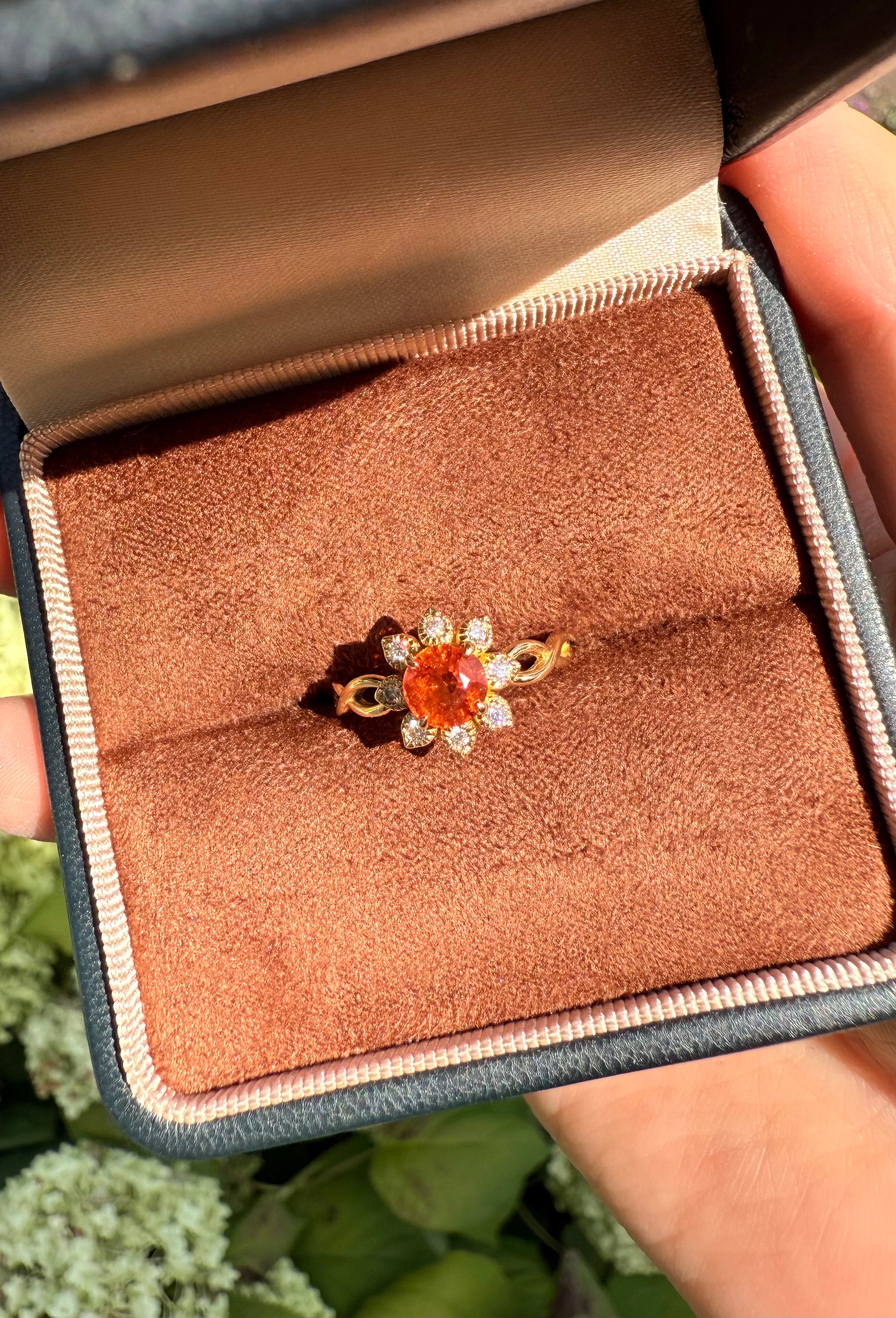 Ready to Ship Eve's Garden Orange Garnet Ring, Size US6, 18k Yellow Gold