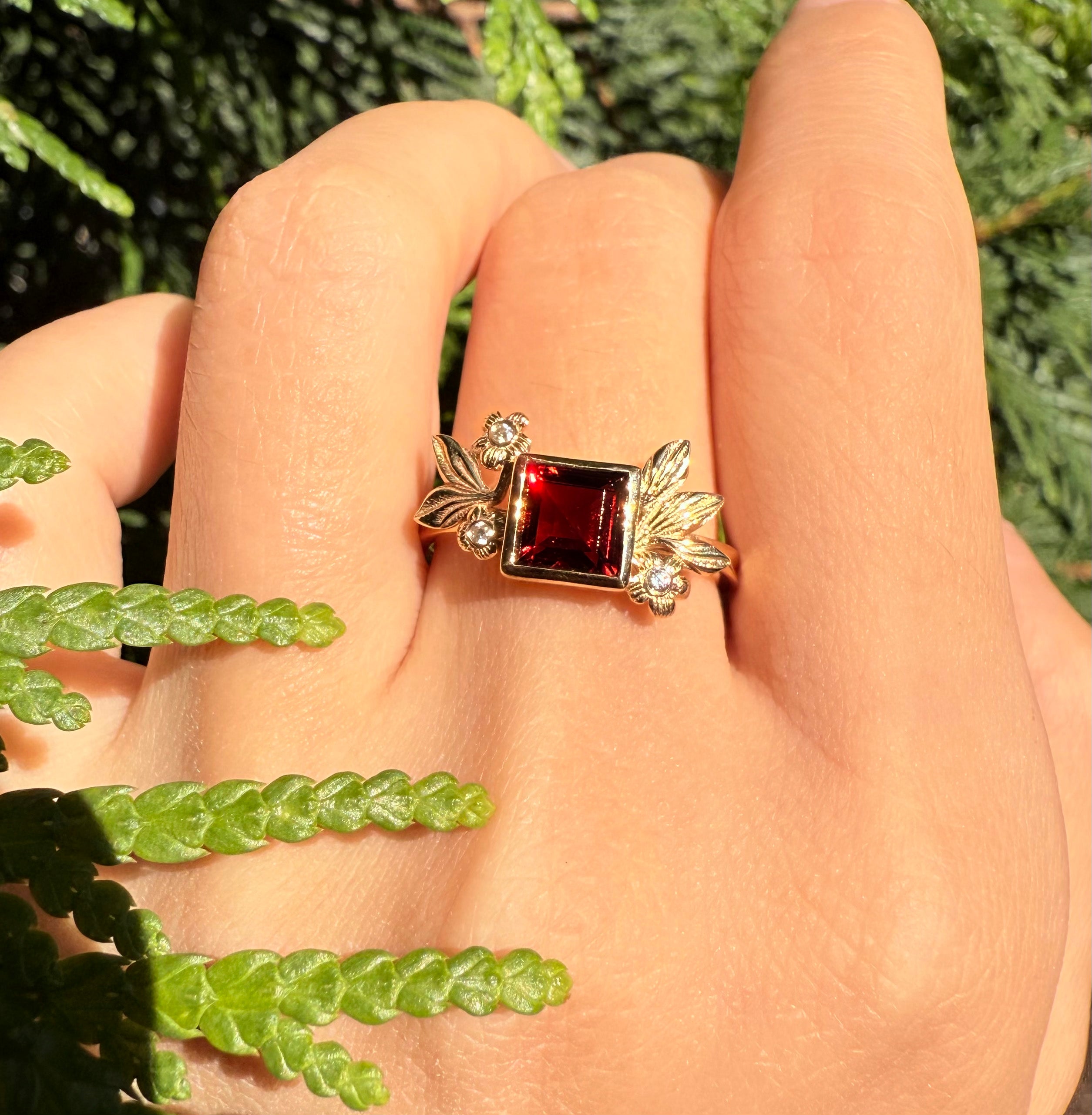 Ready to Ship Red Garnet engagement ring, Size US7, 10k Yellow Gold