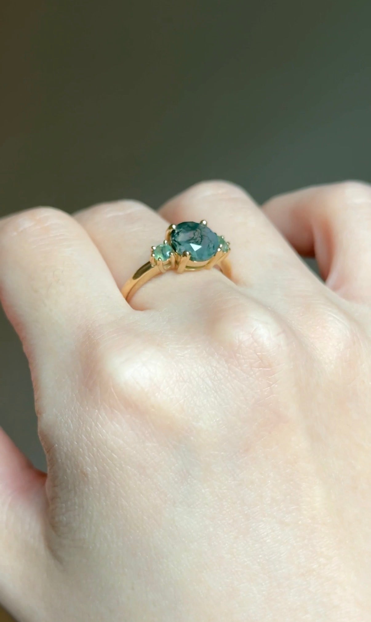 14k Gold Round Moss agate ring with diamond, Engagement ring, Moss agate Ring