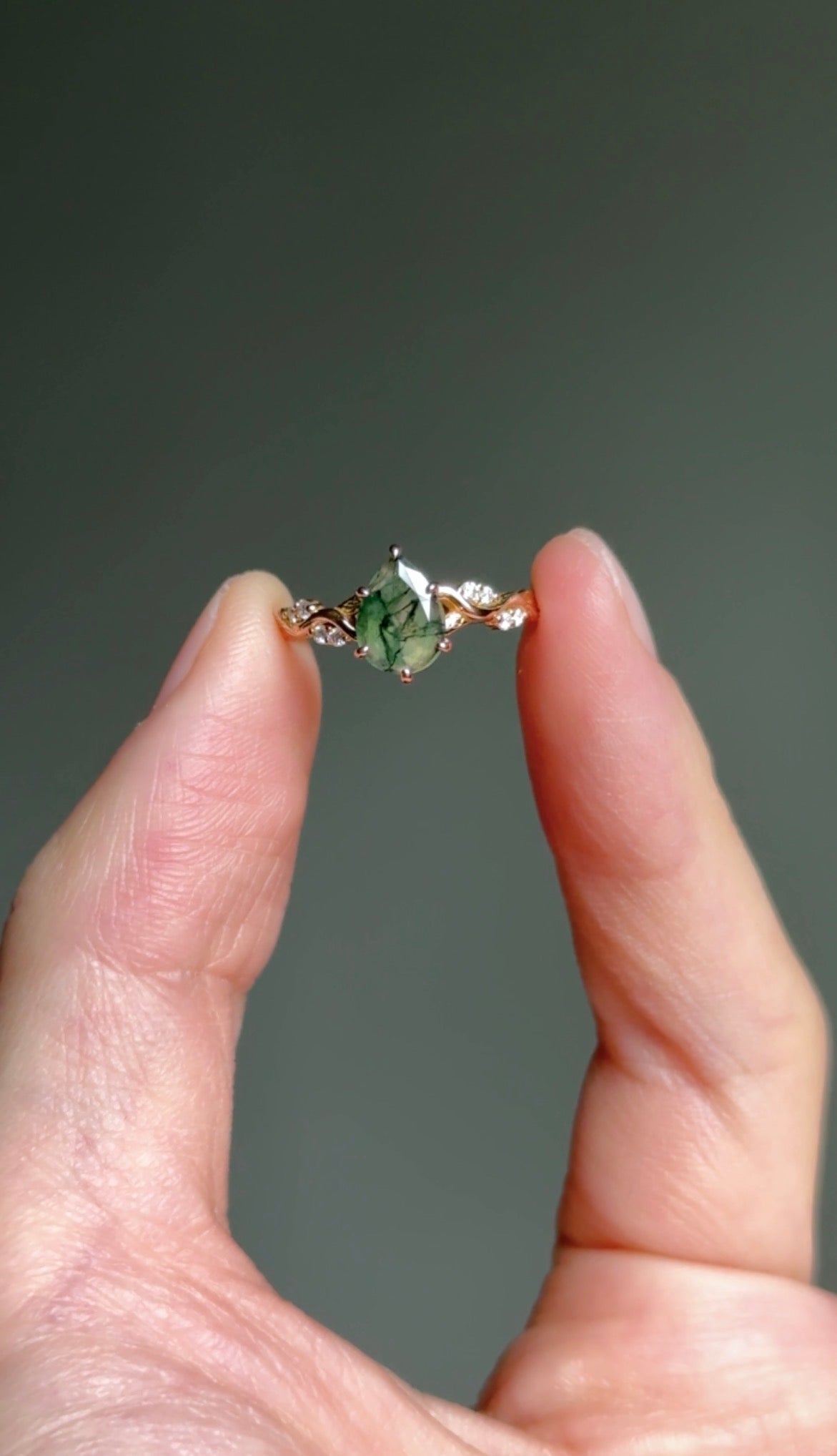 14k Gold Pear Moss agate ring with diamond, Engagement ring, Moss agate Ring