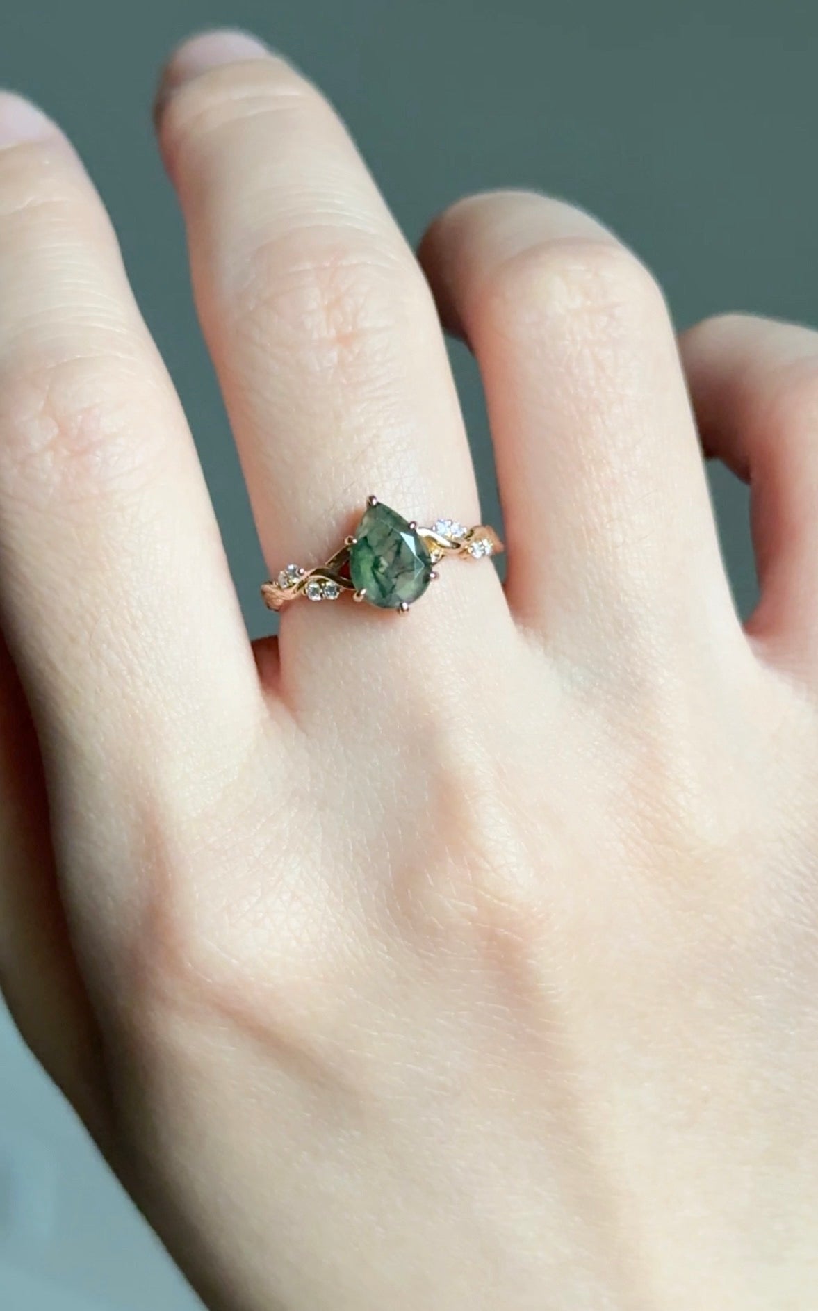 14k Gold Pear Moss agate ring with diamond, Engagement ring, Moss agate Ring