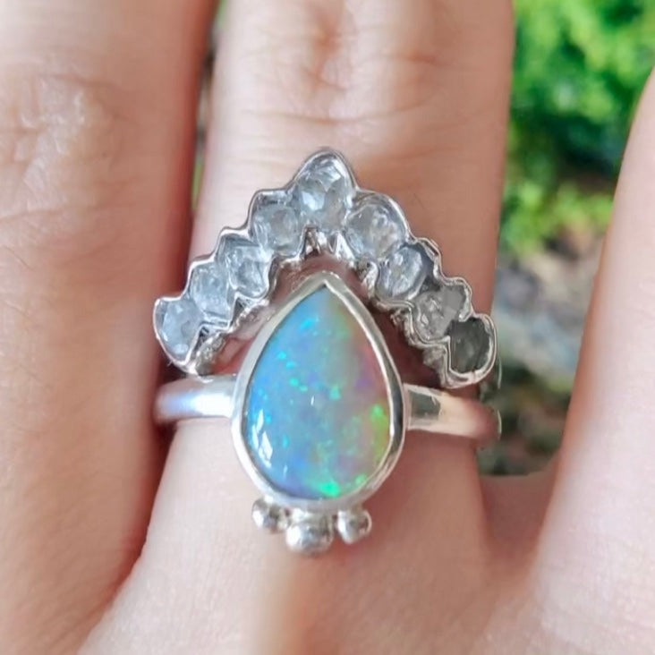 Raw Herkimer Diamond Wedding Ring, Raw Opal Engagement Ring