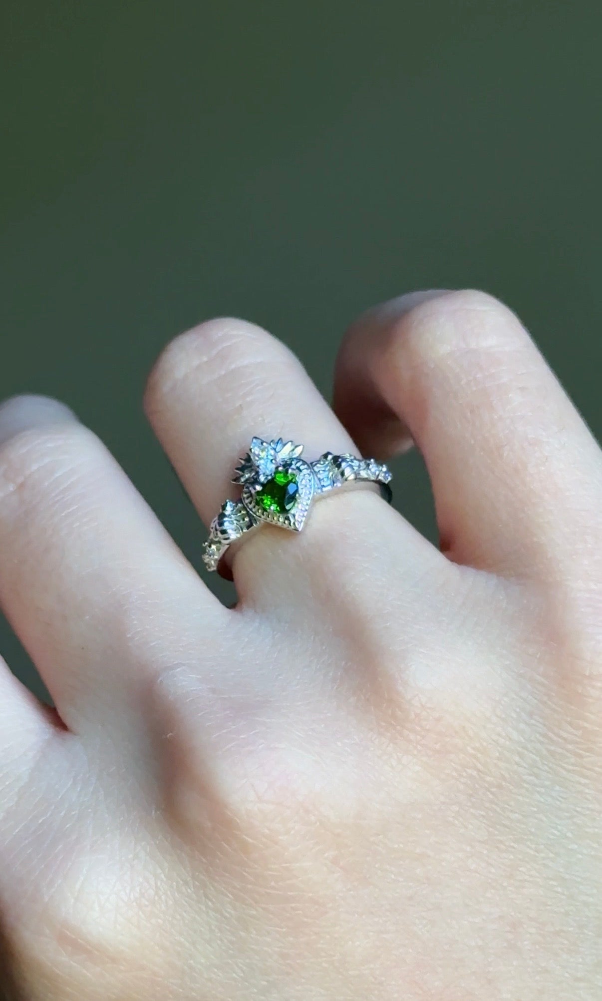Yellow Gold Heart Tsavorite Ring, Green Tsavorite engagement ring