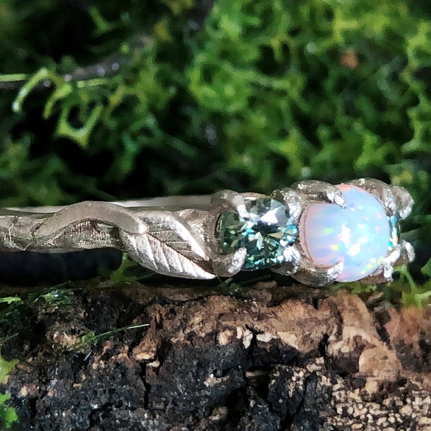 Enchanting Opal and Aquamarine Trillium Engagement Ring