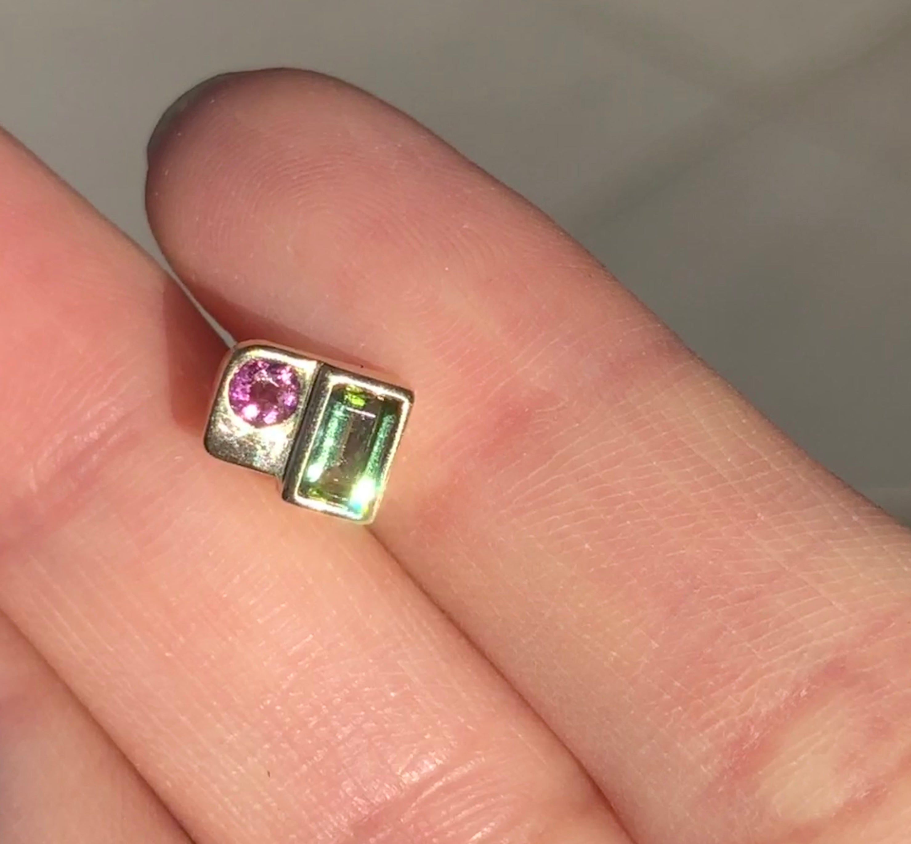 Wonderland Tourmaline Studs #6, Single Earring, Green and Pink Tourmaline