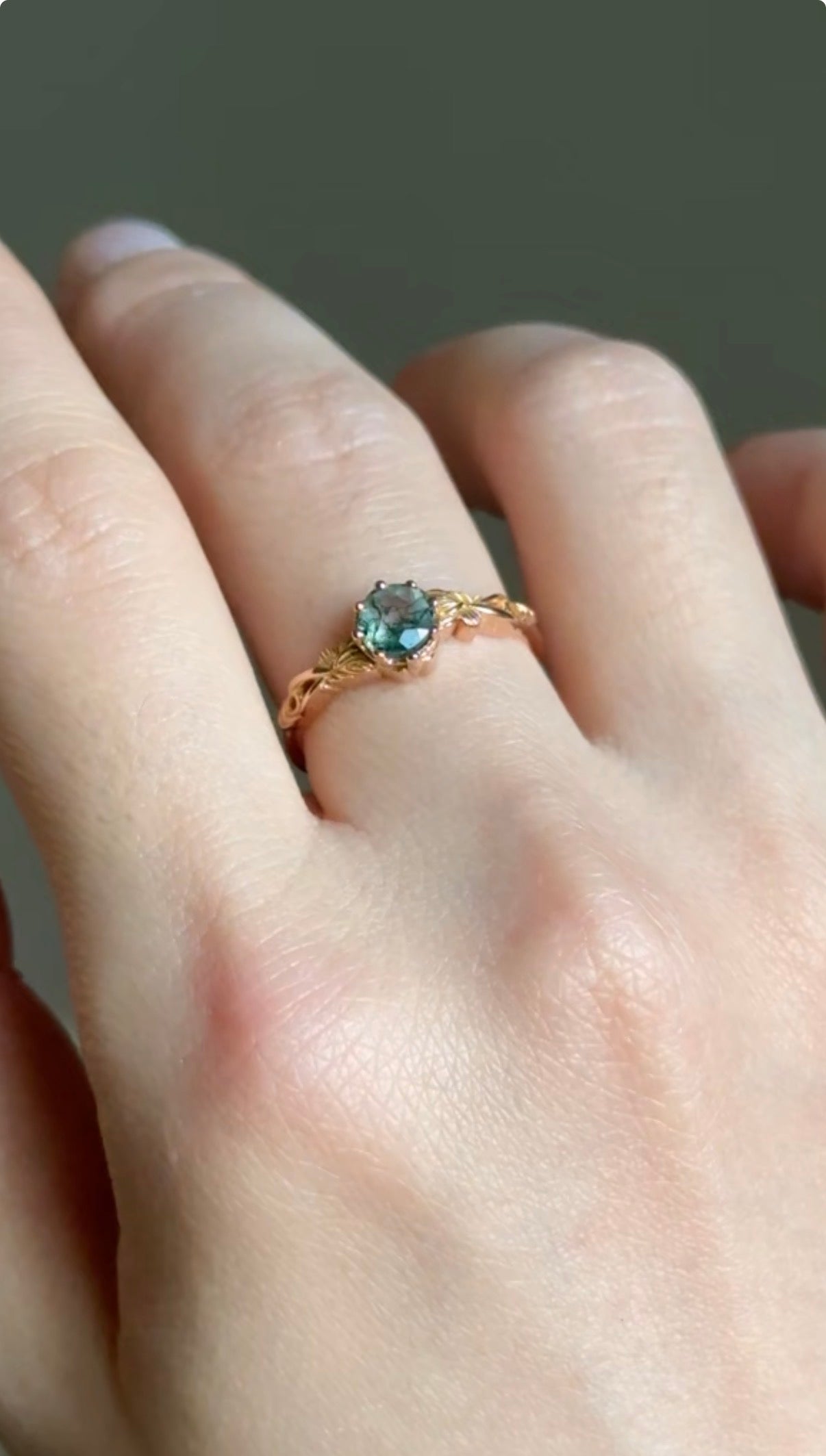 Dainty Round Moss agate ring with diamond, Engagement ring, Moss agate Ring