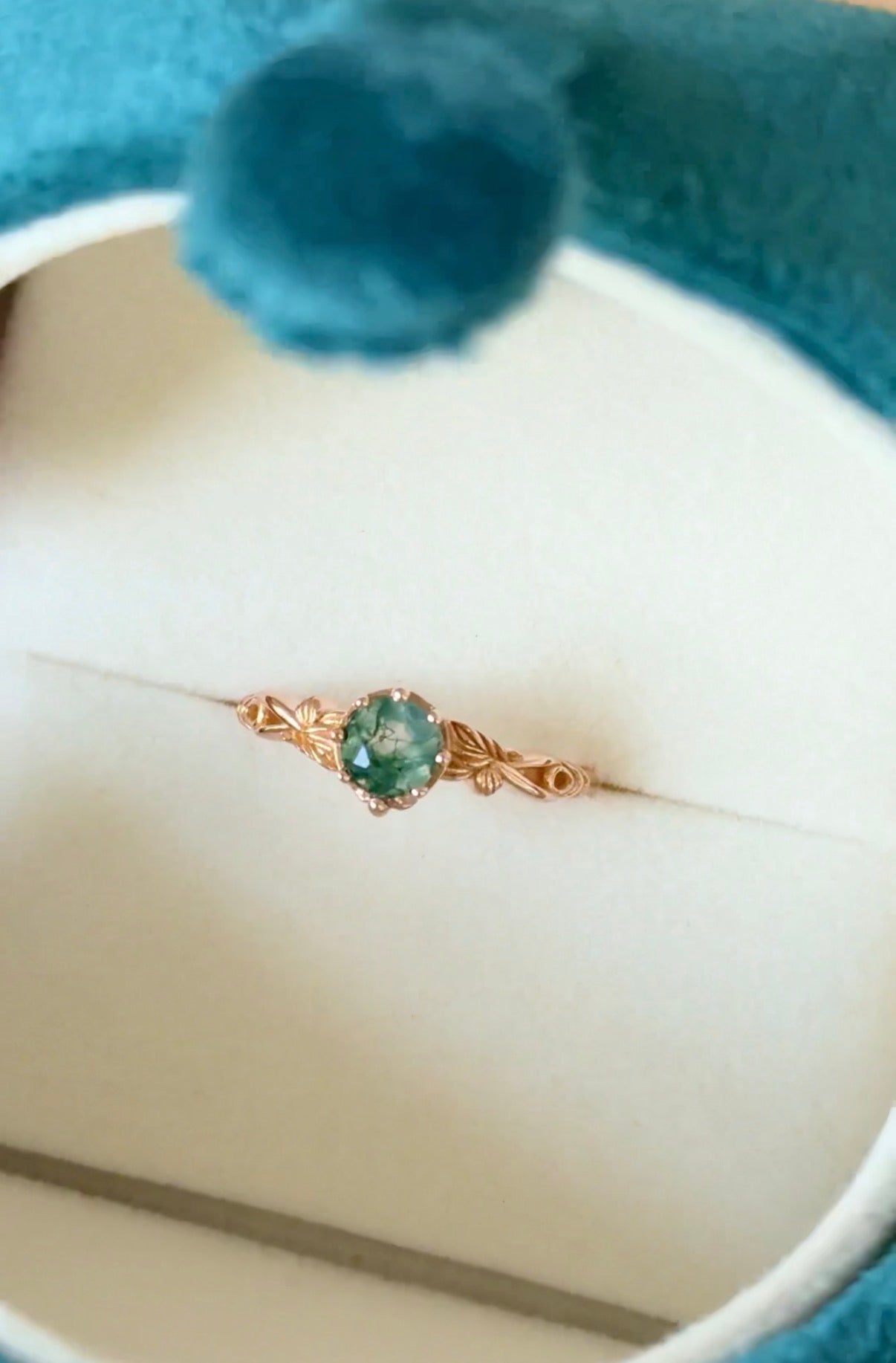 Dainty Round Moss agate ring with diamond, Engagement ring, Moss agate Ring