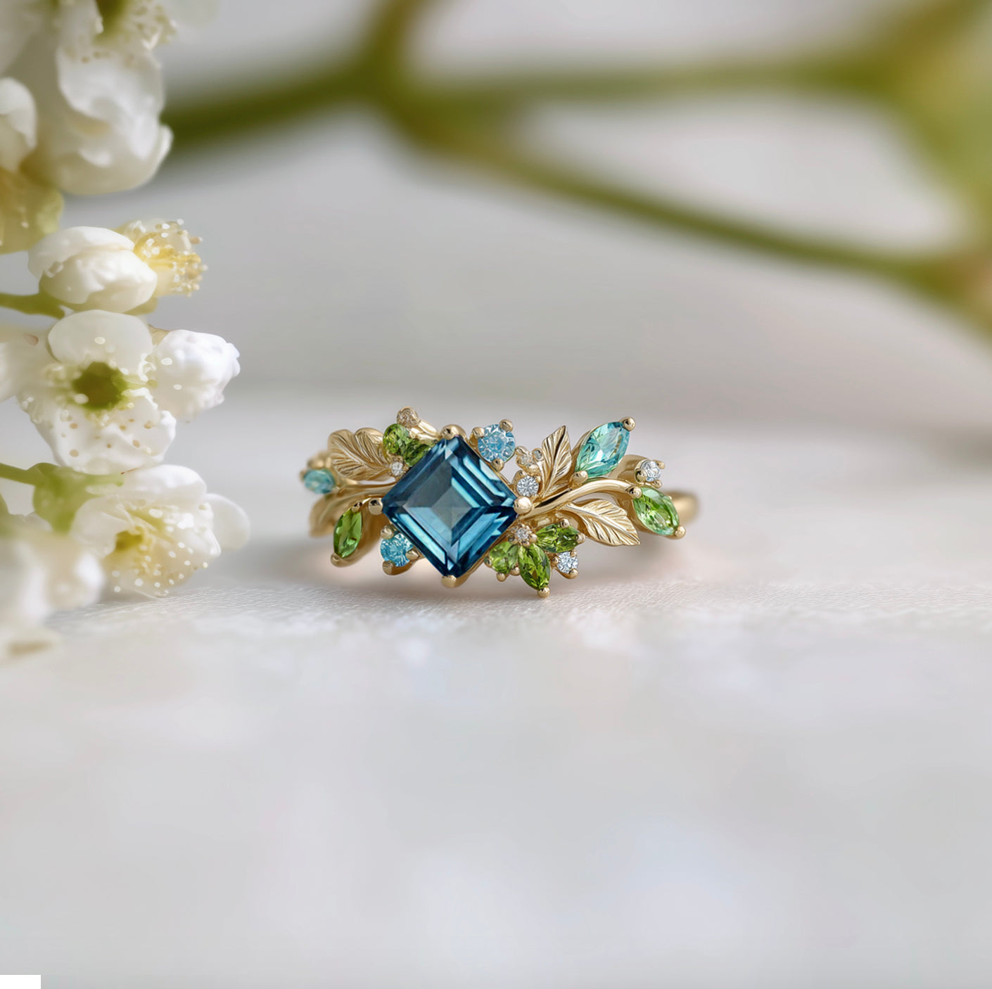 London Topaz Engagement Ring, Princess cut Topaz Engagement ring, Solid Gold Nature Inspired Leafy Engagement Ring