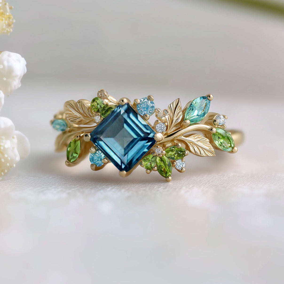 Elegant ring with blue gemstone and gold leaves on a light background