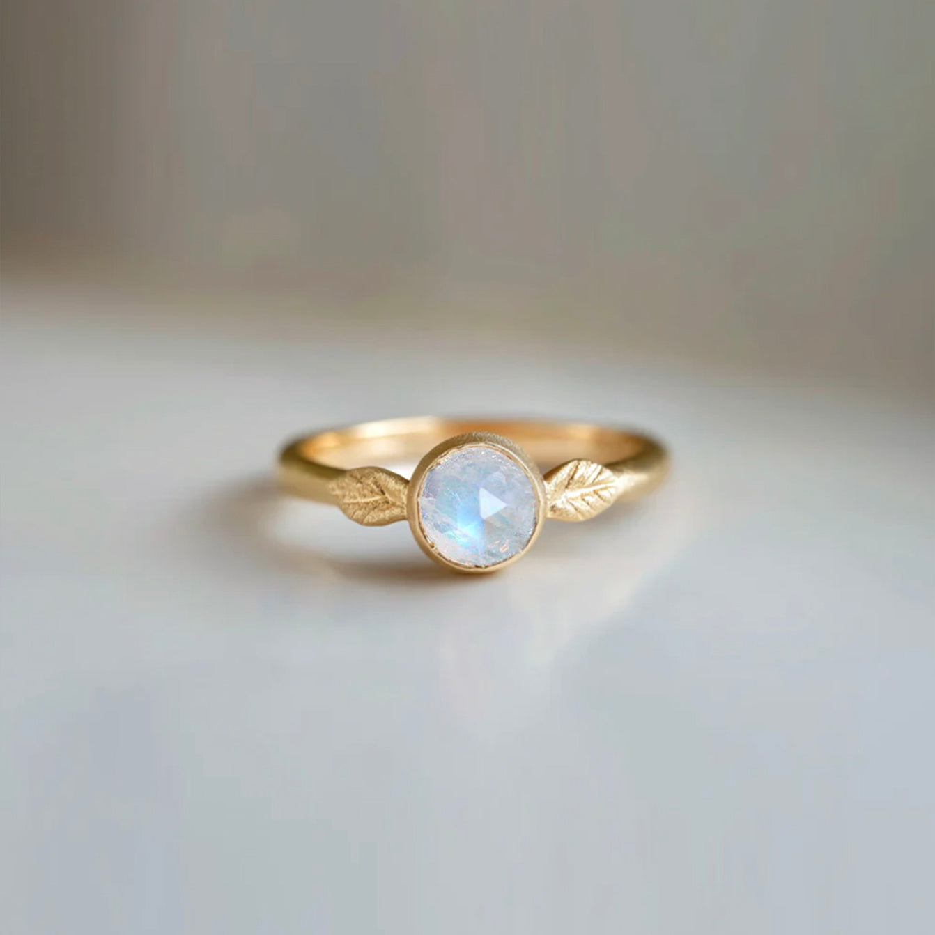 Angel Leaf Moonstone Engagement Ring Gold, Matte Finish Moonstone Ring