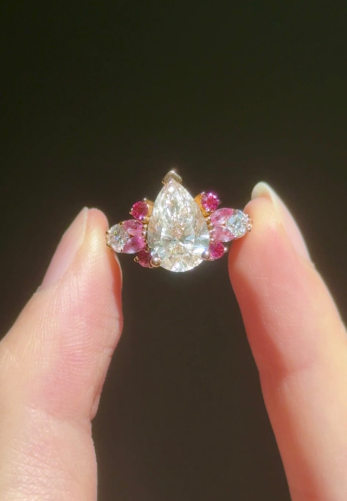 Peony inspired lab diamond engagement ring with colorful gemstones