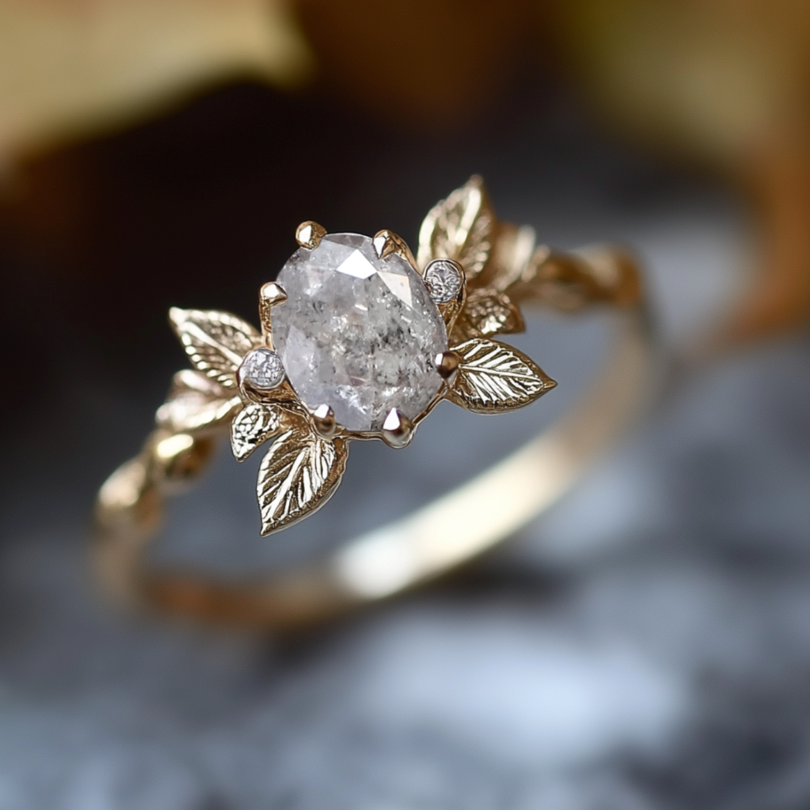 Telperína Salt and Pepper Diamond Ring, Oval Diamond Engagement Ring