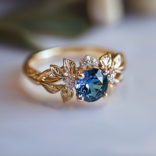 Load image into Gallery viewer, Elenisár 14k Gold Green Blue Sapphire ring, Blue Sapphire Engagement ring
