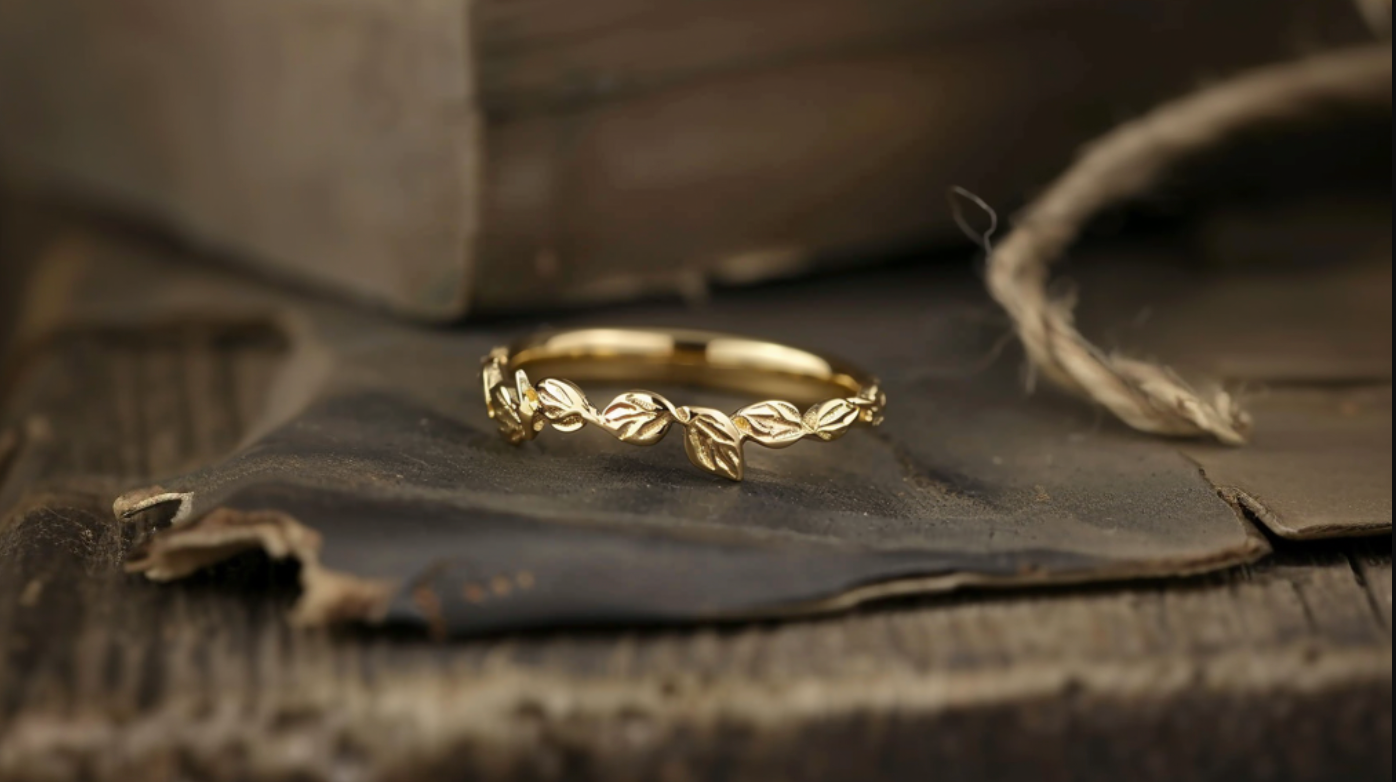 14k Gold Dainty Gold Wedding Ring, Leafy Wedding band, Golden Laurel Ban