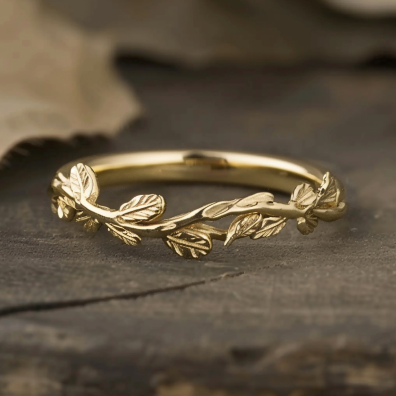Double Laurel Wreath Leaf Ring - 14k Yellow Gold, Diamond Cut Design, Symbol Of Victory, Handcrafted Fine Jewelry