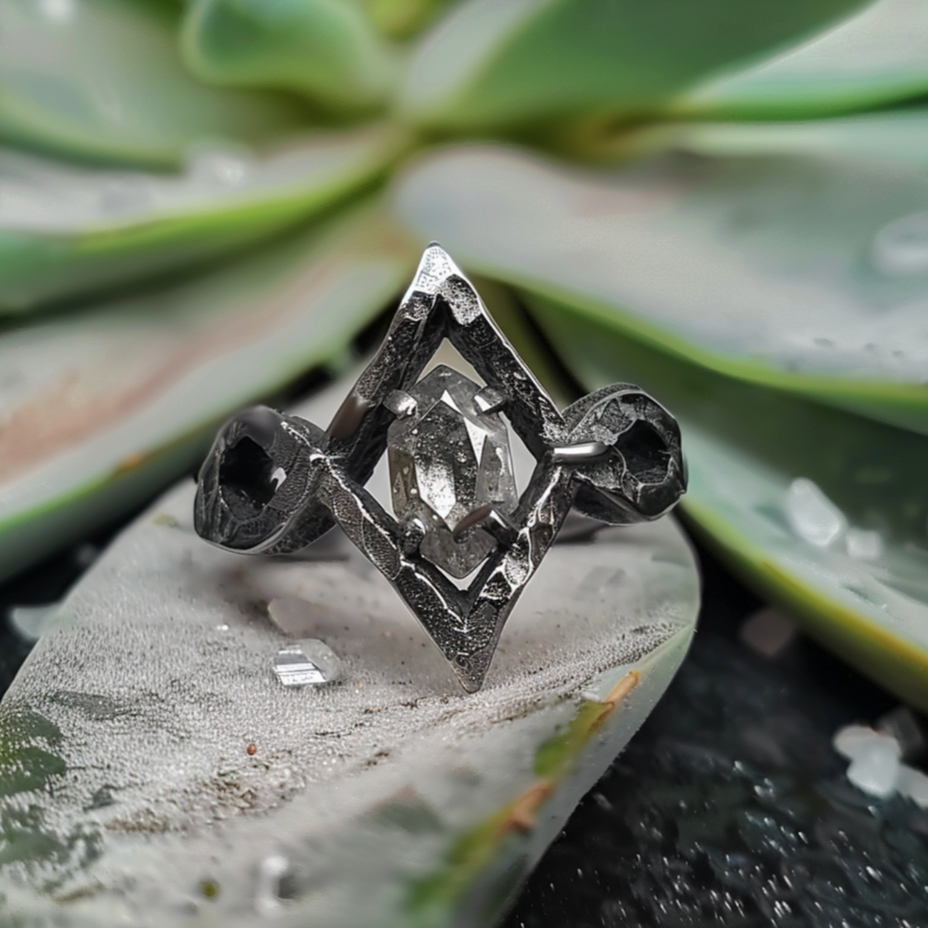 Men's ring, Black Silver with Herkimer Diamond