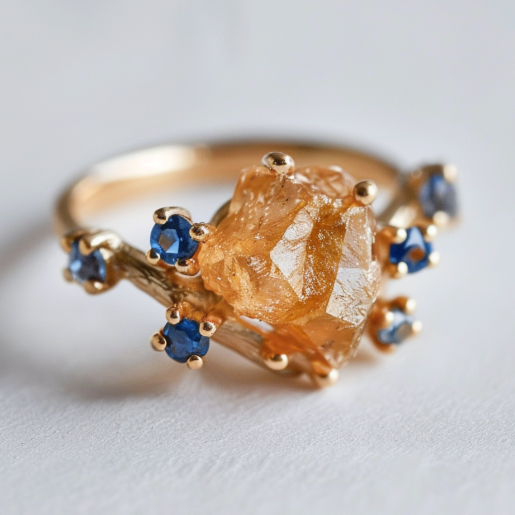 raw citrine and raw sapphire ring