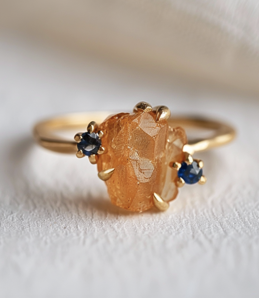 Raw Citrine Ring with blue Sapphires