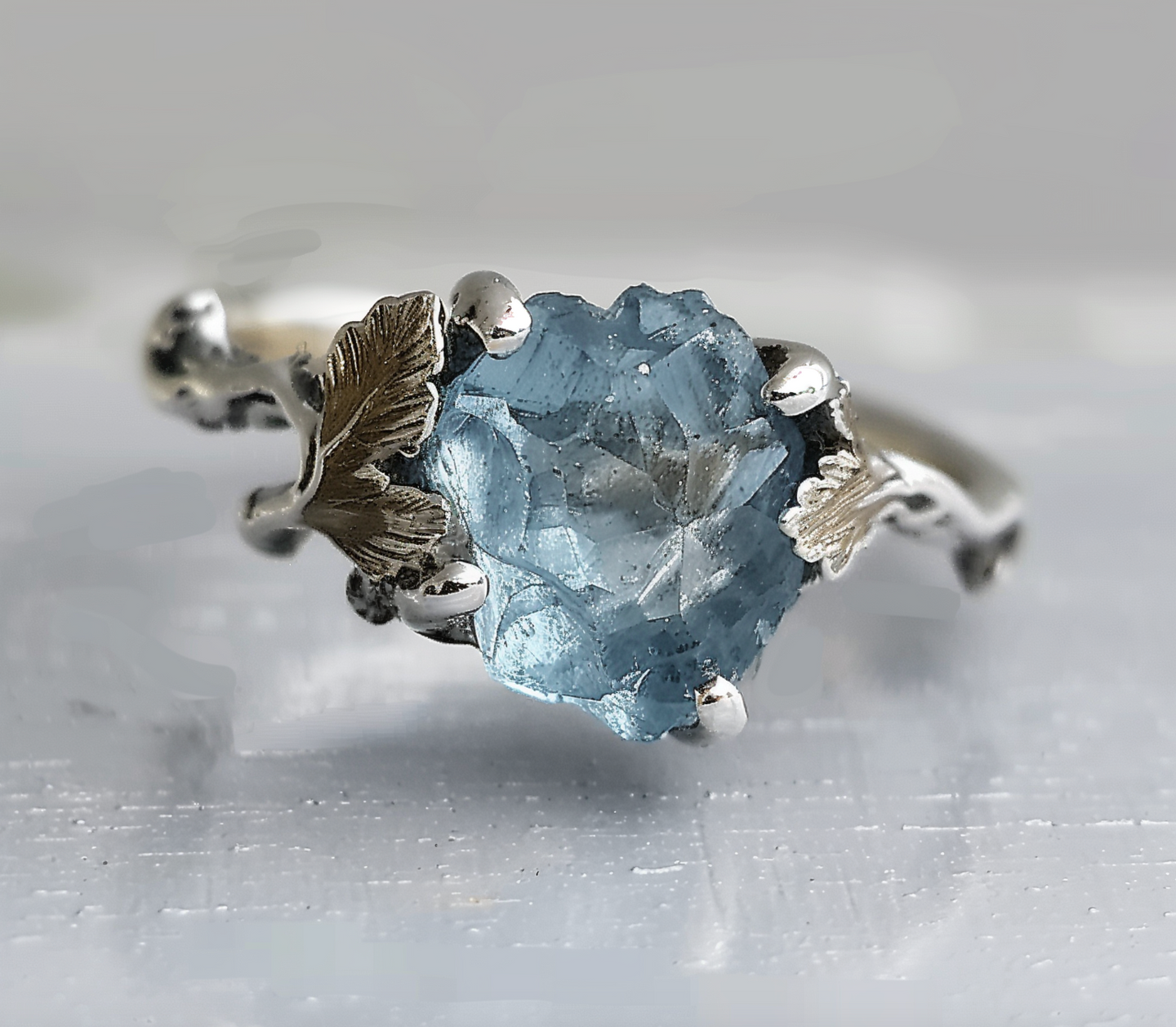 Raw Aquamarine Engagement ring, Leafy Ring, Nature'a collection
