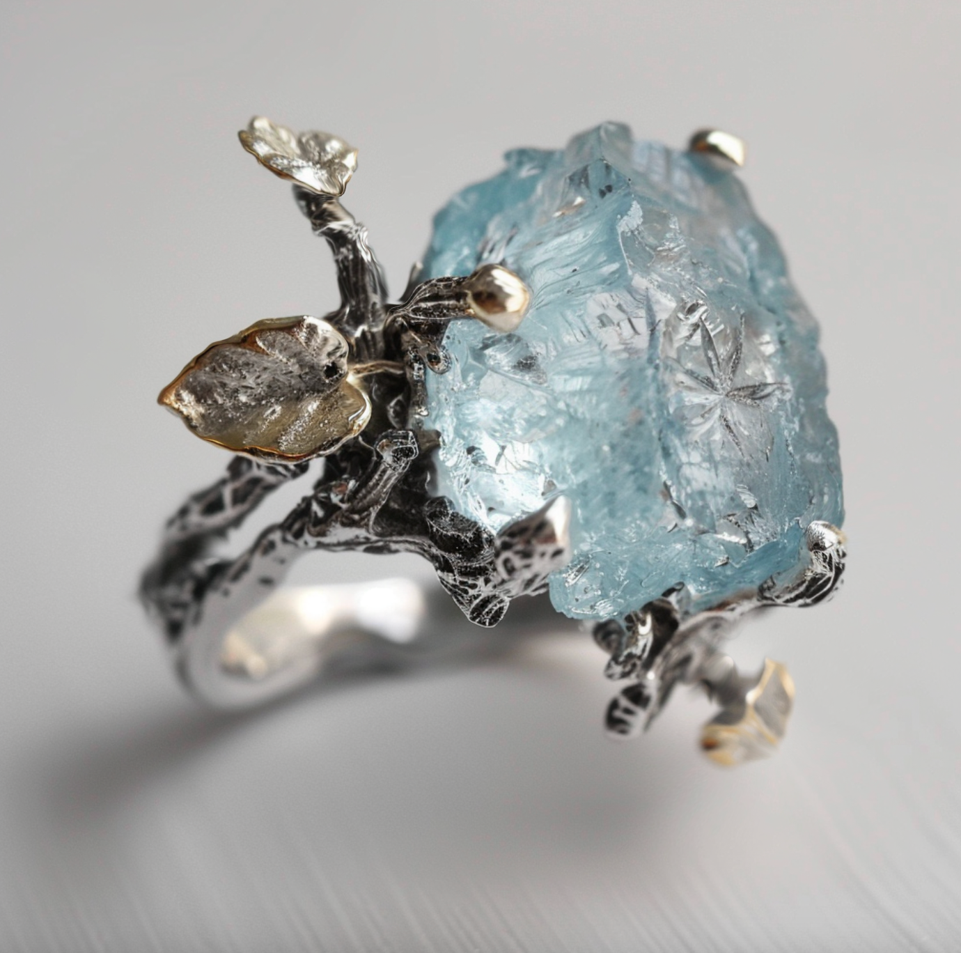 Big Raw Aquamarine Engagement ring, Nature'a collection